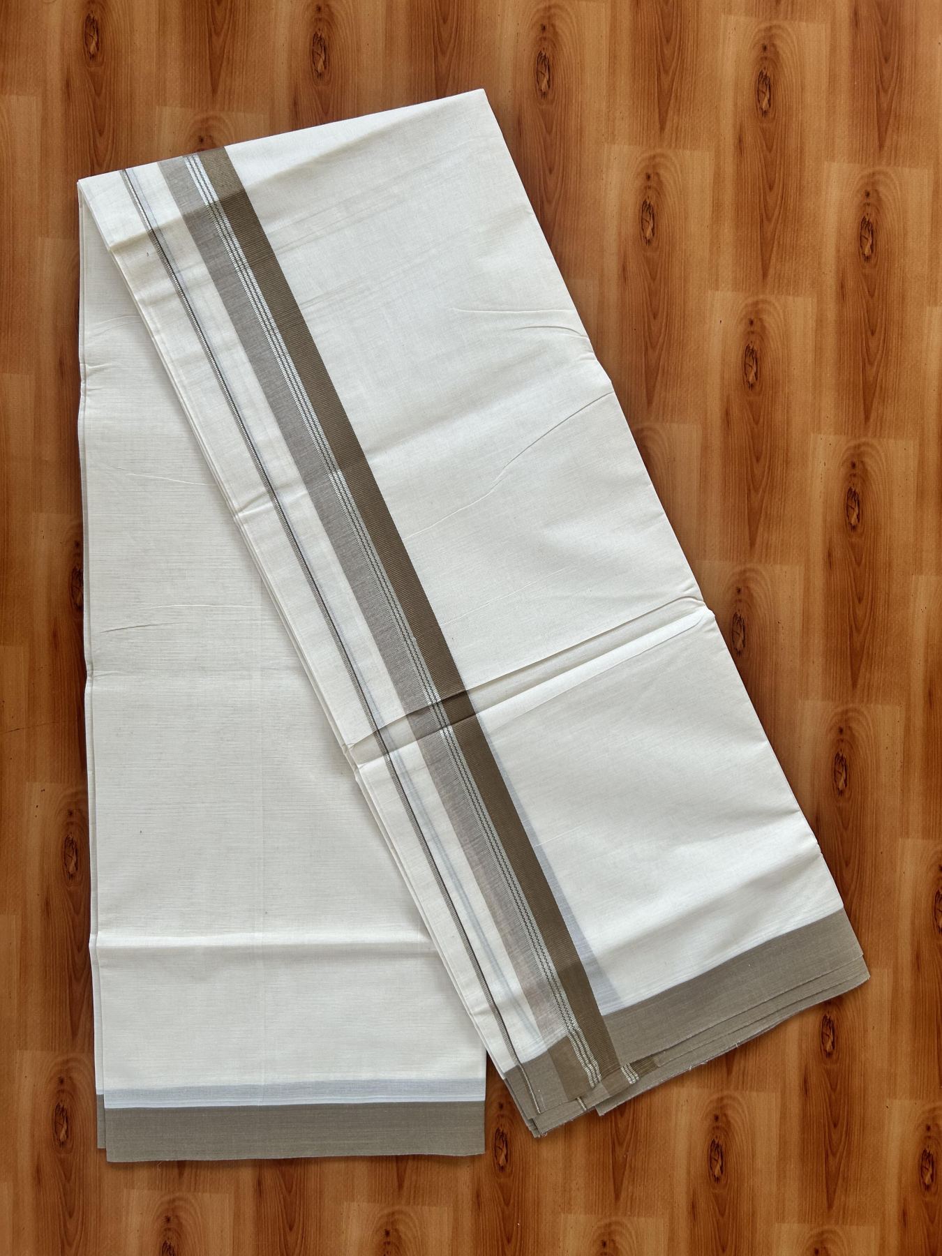 Double Off White (Unbleached) Mundu/Dhoti - 20% Discount! Kaitharikada 100% Pure Cotton - 100x80 - 1.5 inch Silver Kasav & Sage Brown striped shaded Kara 4 mtr (8.5 muzham) - 22 KK5460 PMC