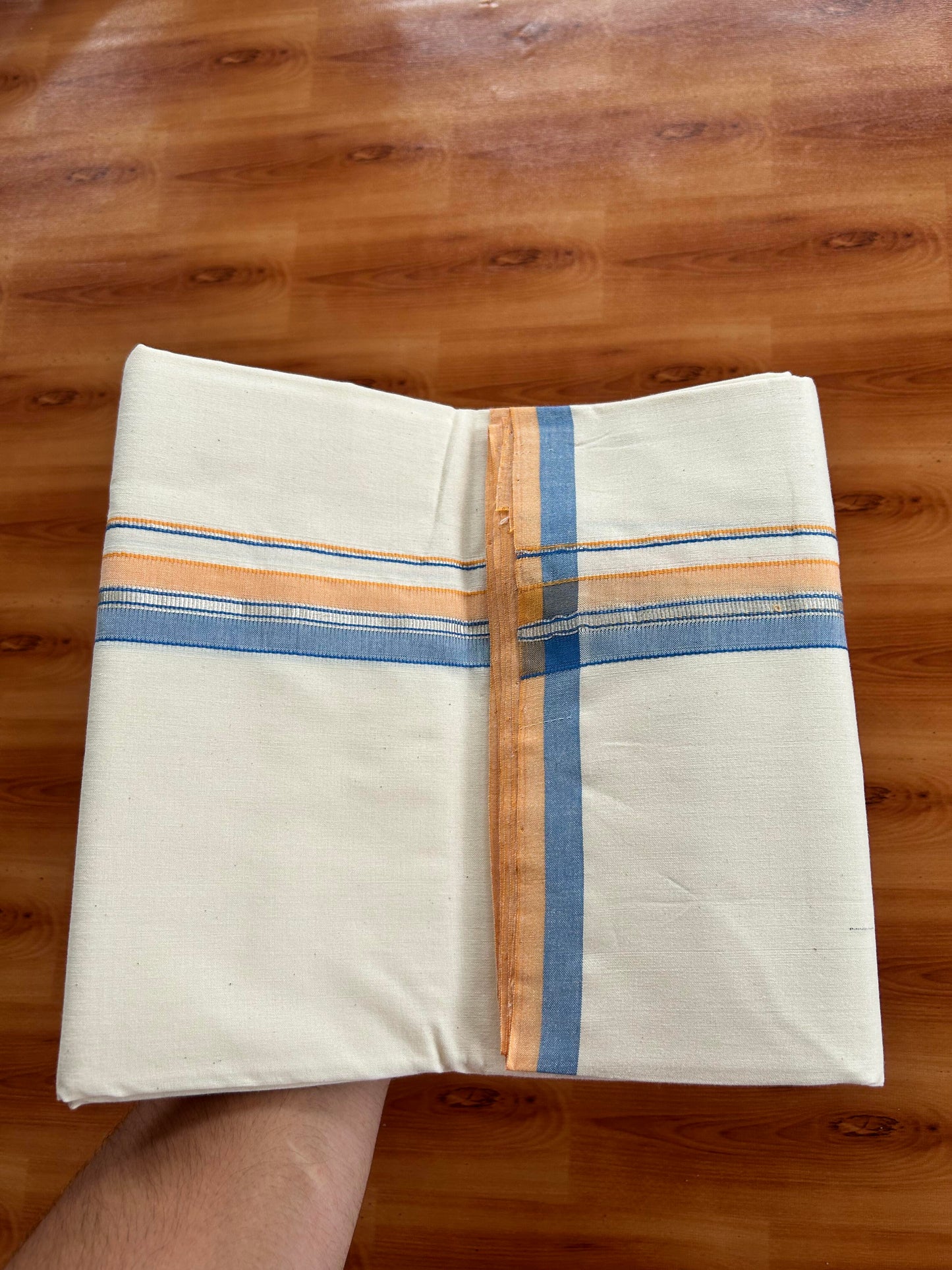 Single Off White - (Unbleached) Mundu/Dhoti - 25%Discount ! Signature Kaitharikada Exclusive Dhoti - 100% Cotton - Kerala Handloom - 1.25 inch Silver Kasav Peach Orange & Blue Shaded kara (2 meter / 4 muzham)- 10 KK5410 KAI