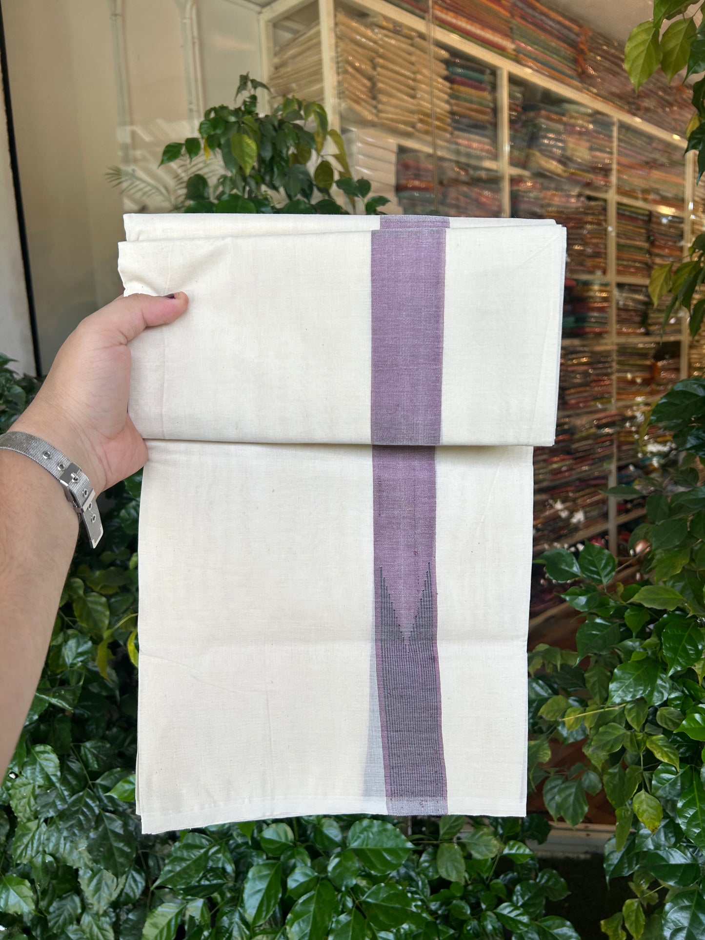 20% Discount ! KaithariKada 100% Cotton off white Double - (Unbleached) Mundu/Dhoti - 100X100 - 1.25 inch Puliyilakkara Dark Pastel Purple & Black Striped Chutty kara - 4 mtr (8.5 muzham) - 13 KK5347 ASH