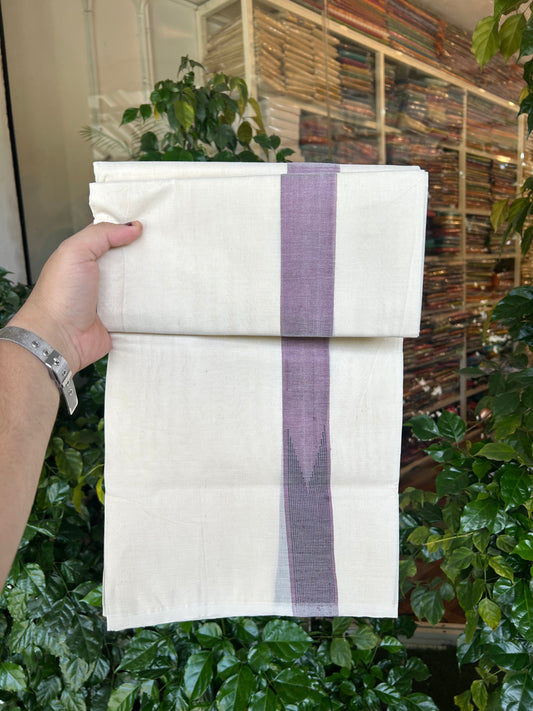 20% Discount ! KaithariKada 100% Cotton off white Double - (Unbleached) Mundu/Dhoti - 100X100 - 1.25 inch Puliyilakkara Dark Pastel Purple & Black Striped Chutty kara - 4 mtr (8.5 muzham) - 13 KK5347 ASH