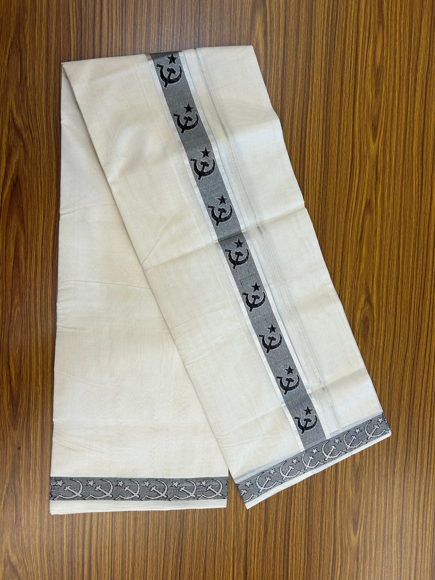 Cpi(M) Veshti - 25% Discount ! KaithariKada Handloom Unakkupaav Kerala Handloom -100% Pure Cotton Off White - (Unbleached) Double Mundu/Dhoti - 100x80 - 2 inch Arival Chuttika Nakshathram Silver Kasav & Black Jaquard Design Kara - 6 KK5367 ABH
