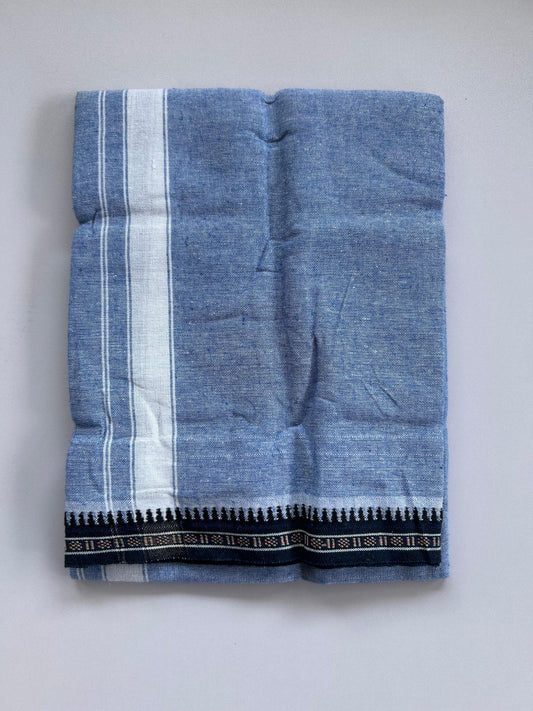 Kaitharikada - Single Kaily / Lungi - Mixed Cotton - (2/40s) twisted - 1.25 inch White Striped kara Dark Blue Kuppadam Border with Blue & White Body (2 meter / 4 muzham) - 46 KK8088 SAT