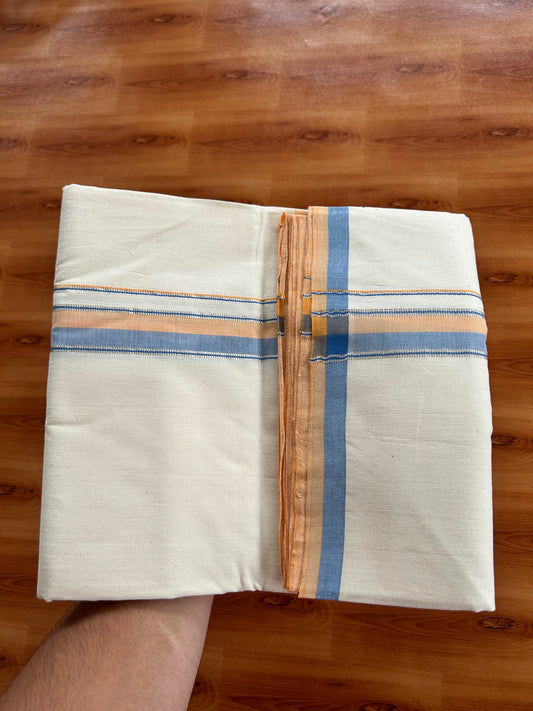 Single Off White - (Unbleached) Mundu/Dhoti - 25%Discount ! Signature Kaitharikada Exclusive Dhoti - 100% Cotton - Kerala Handloom - 1.25 inch Silver Kasav Peach Orange & Blue Shaded kara (2 meter / 4 muzham)- 9 KK5410 KAI