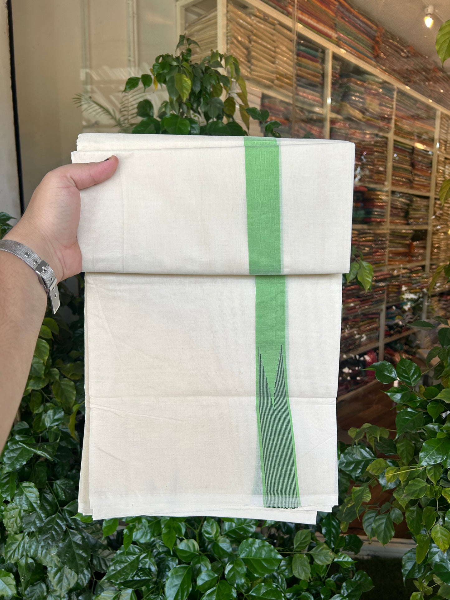 20% Discount ! KaithariKada 100% Cotton off white Double - (Unbleached) Mundu/Dhoti - 100X100 - 1.25 inch Puliyilakkara Parrot Green & Black Striped Chutty kara - 4 mtr (8.5 muzham) - 10 KK5347 ASH
