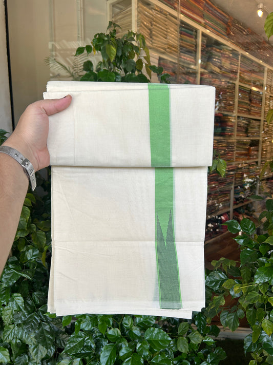 20% Discount ! KaithariKada 100% Cotton off white Double - (Unbleached) Mundu/Dhoti - 100X100 - 1.25 inch Puliyilakkara Parrot Green & Black Striped Chutty kara - 4 mtr (8.5 muzham) - 10 KK5347 ASH