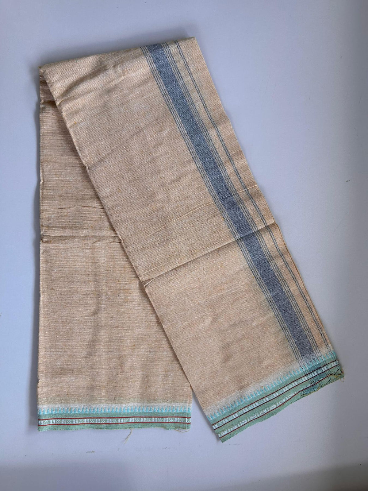 Kaitharikada - Single Kaily / Lungi - Mixed Cotton - (2/40s) twisted - 1.25 inch Navy Blue Striped kara Cyan Kuppadam Border with Yellow & White Body (2 meter / 4 muzham) - 47 KK8088 SAT