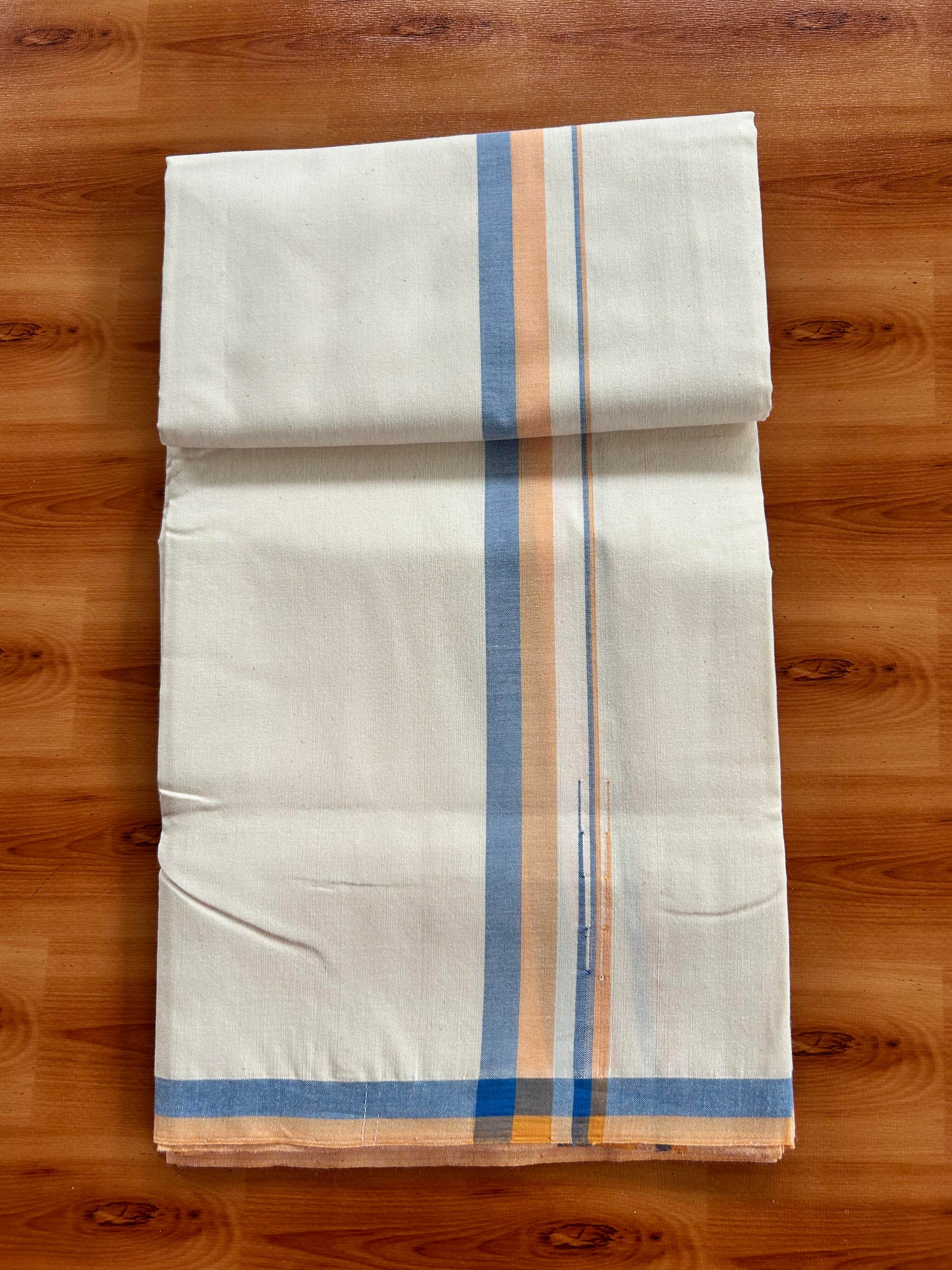 Single Off White - (Unbleached) Mundu/Dhoti - 25%Discount !! Signature Kaitharikada Exclusive Single Dhoti - 100% Cotton - Kerala Handloom - 1 inch Puliyilakkara Peach Orange & Blue Shaded Chutty kara (2 meter / 4 muzham)- 7 KK5410 KAI