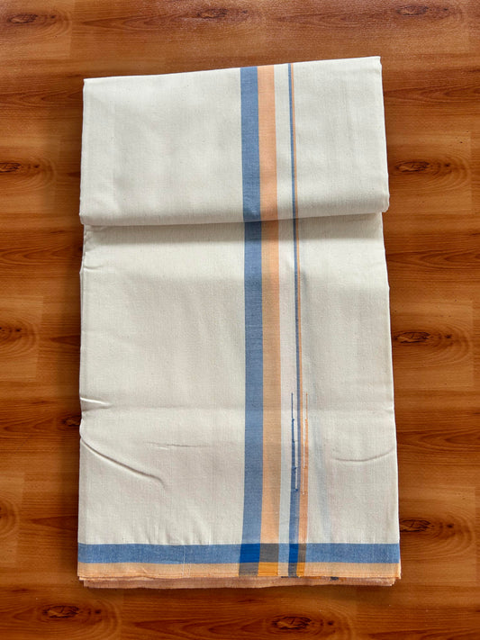 Single Off White - (Unbleached) Mundu/Dhoti - 25%Discount !! Signature Kaitharikada Exclusive Single Dhoti - 100% Cotton - Kerala Handloom - 1 inch Puliyilakkara Peach Orange & Blue Shaded Chutty kara (2 meter / 4 muzham)- 7 KK5410 KAI