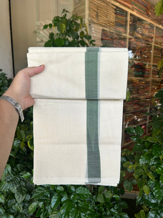 20% Discount ! KaithariKada 100% Cotton off white Double - (Unbleached) Mundu/Dhoti - 100X100 - 1.25 inch Puliyilakkara Green & Black Striped Chutty kara - 4 mtr (8.5 muzham) - 7 KK5347 ASH