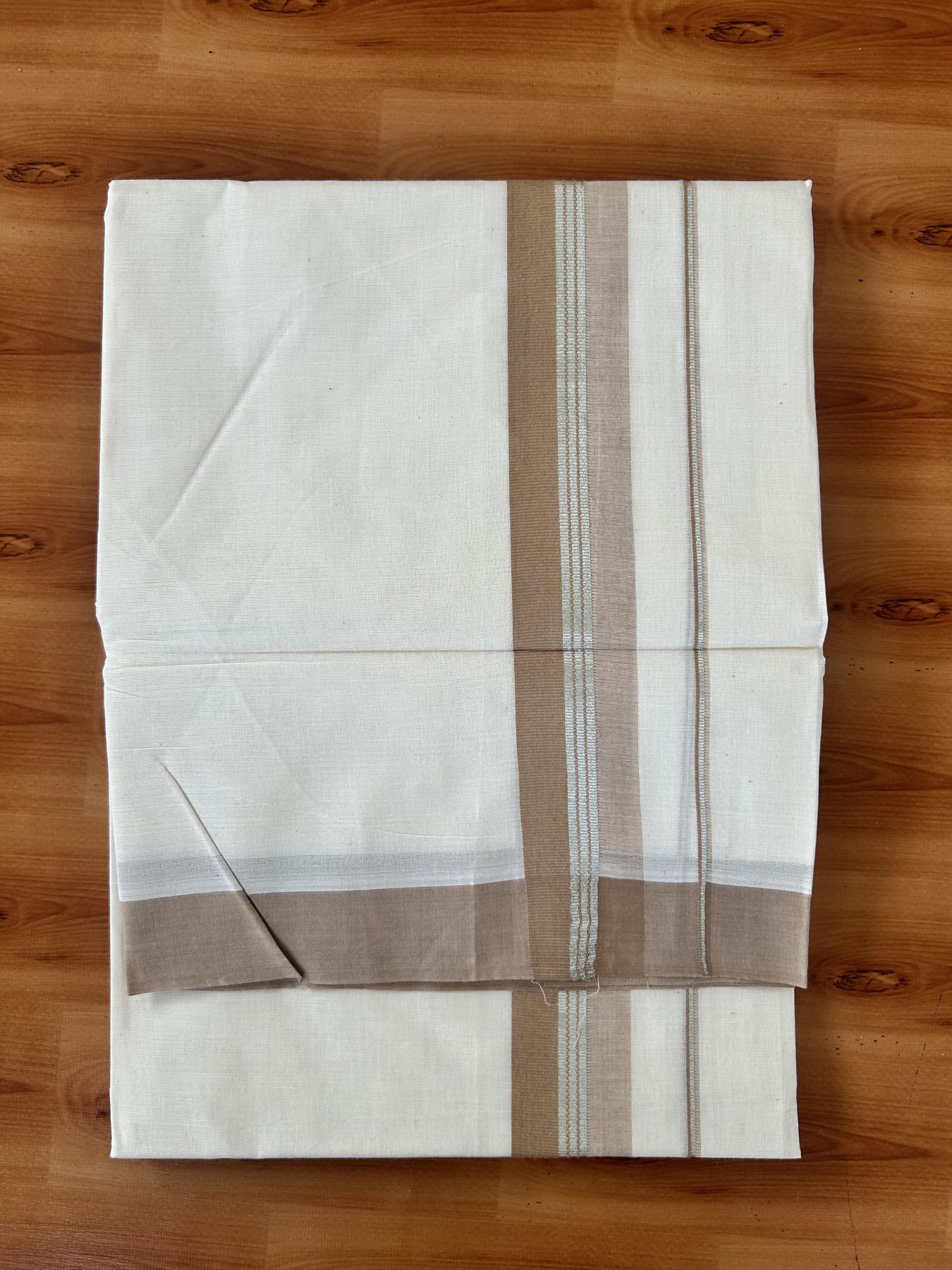 Double Off White (Unbleached) Mundu/Dhoti - 20% Discount! Kaitharikada 100% Pure Cotton - 100x80 - 1.75 inch Silver Kasav & Pastel Brown striped shaded Kara 4 mtr (8.5 muzham) - 23 KK5460 PMC