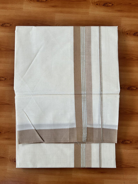 Double Off White (Unbleached) Mundu/Dhoti - 20% Discount! Kaitharikada 100% Pure Cotton - 100x80 - 1.75 inch Silver Kasav & Pastel Brown striped shaded Kara 4 mtr (8.5 muzham) - 23 KK5460 PMC