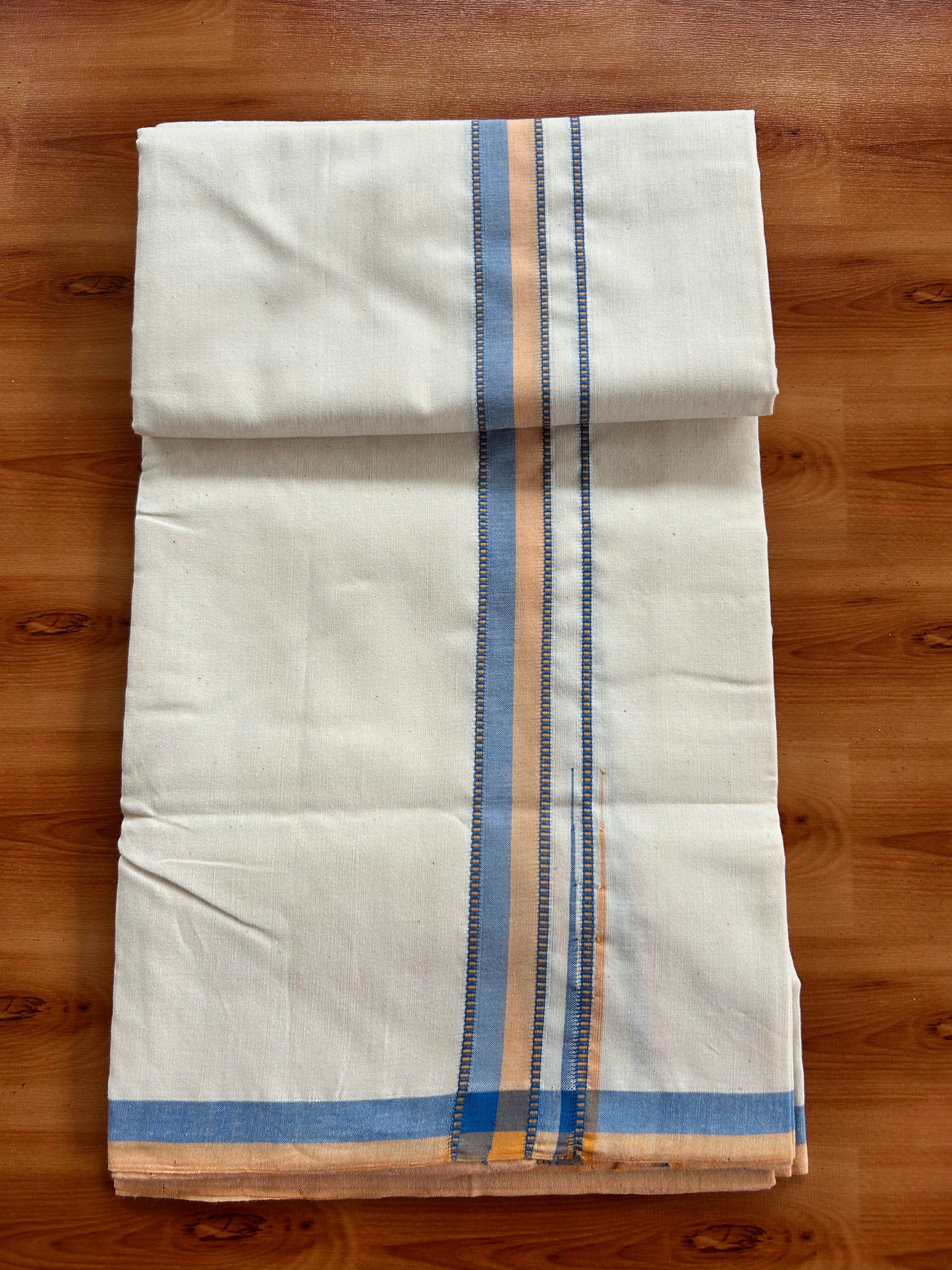 Single Off White - (Unbleached) Mundu/Dhoti - 25%Discount !! Signature Kaitharikada Exclusive Single Dhoti - 100% Cotton - Kerala Handloom - 1 inch Puliyilakkara Peach Orange & Blue Shaded Chutty kara (2 meter / 4 muzham)- 6 KK5410 KAI