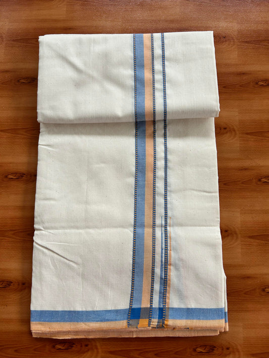 Single Off White - (Unbleached) Mundu/Dhoti - 25%Discount !! Signature Kaitharikada Exclusive Single Dhoti - 100% Cotton - Kerala Handloom - 1 inch Puliyilakkara Peach Orange & Blue Shaded Chutty kara (2 meter / 4 muzham)- 6 KK5410 KAI