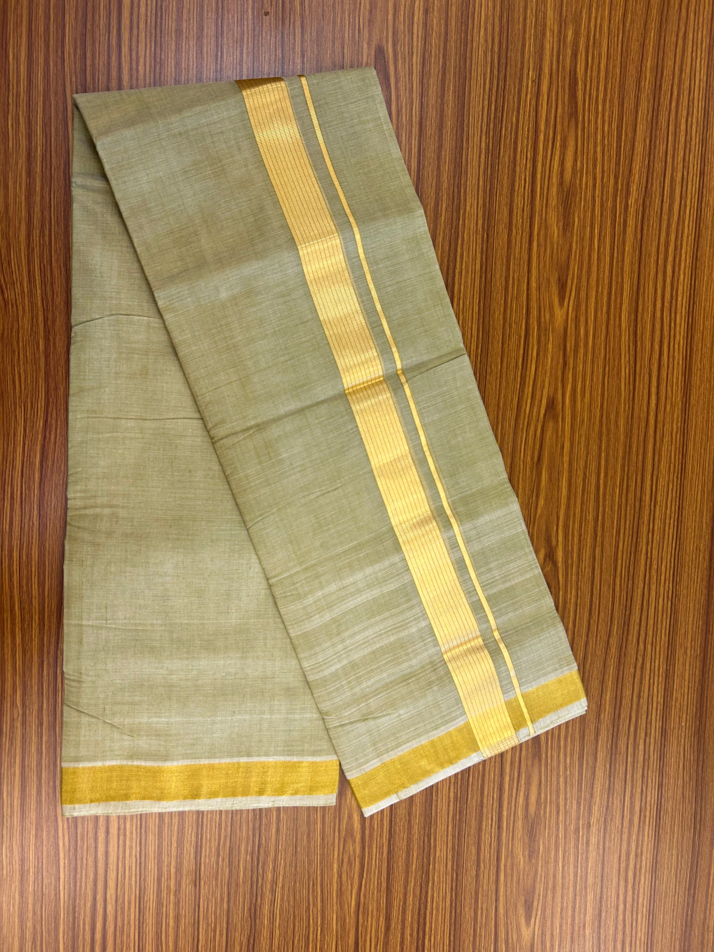 25% Discount! KaithariKada Handloom Unakkupaav - Kerala Handloom - Pure Cotton Double Mundu/Dhoti (Unbleached) - 100x80 - Olive Green Colour Body - 1.5 inch Gold Kasav Striped Kara - 4 Mtr ( 8.5 muzham) - 7 KK5367 ABH
