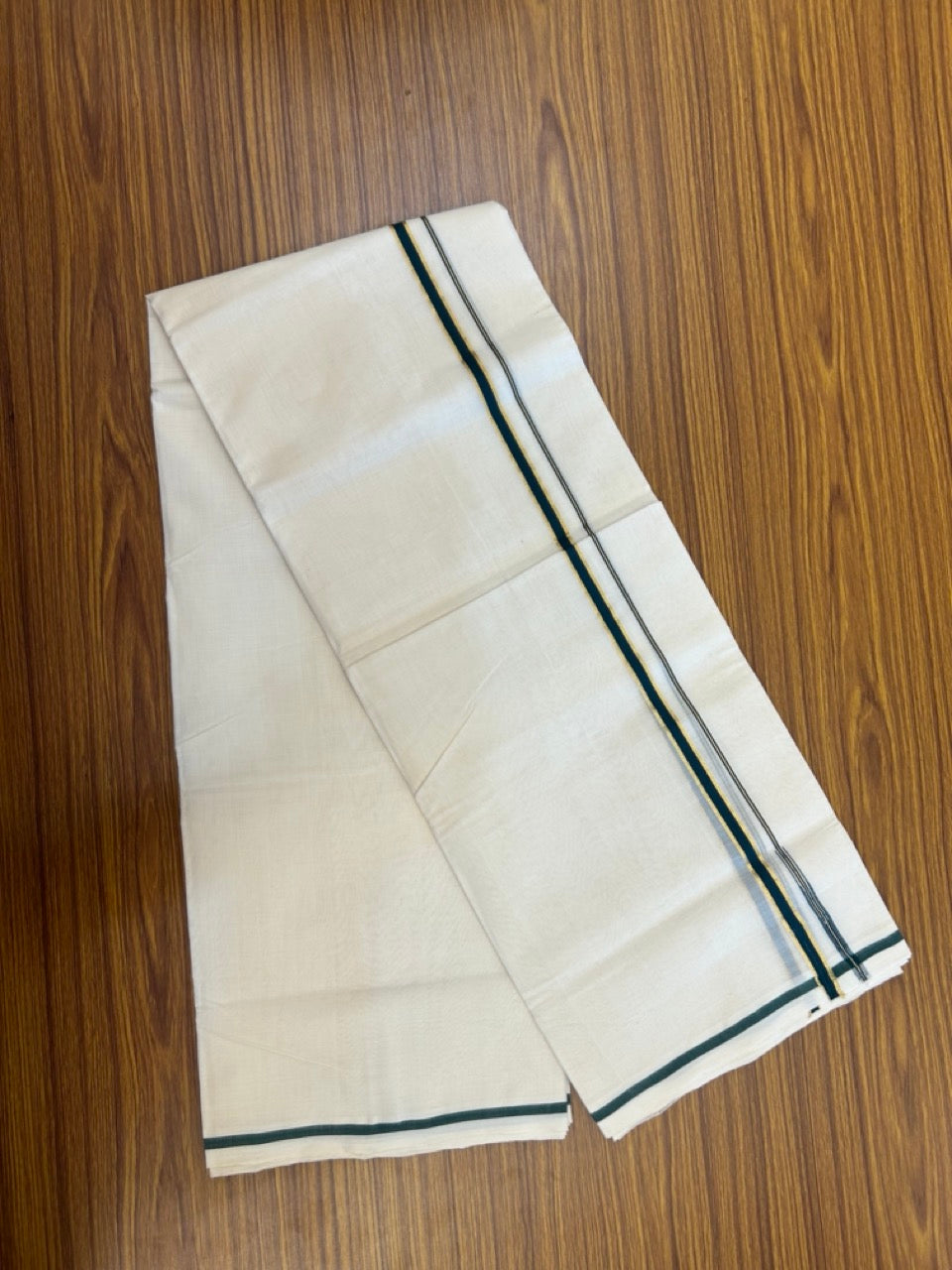 25% DISCOUNT!! KaithariKada HANDLOOM MILPAAV Balaramapuram - 100% PURE Cotton OFF White Double - (Unbleached) Mundu/Dothi - 80x90 - 0.5 Inch Kasavu Dark Green Puliyilakkara chutty - 6 KK5269 RAM