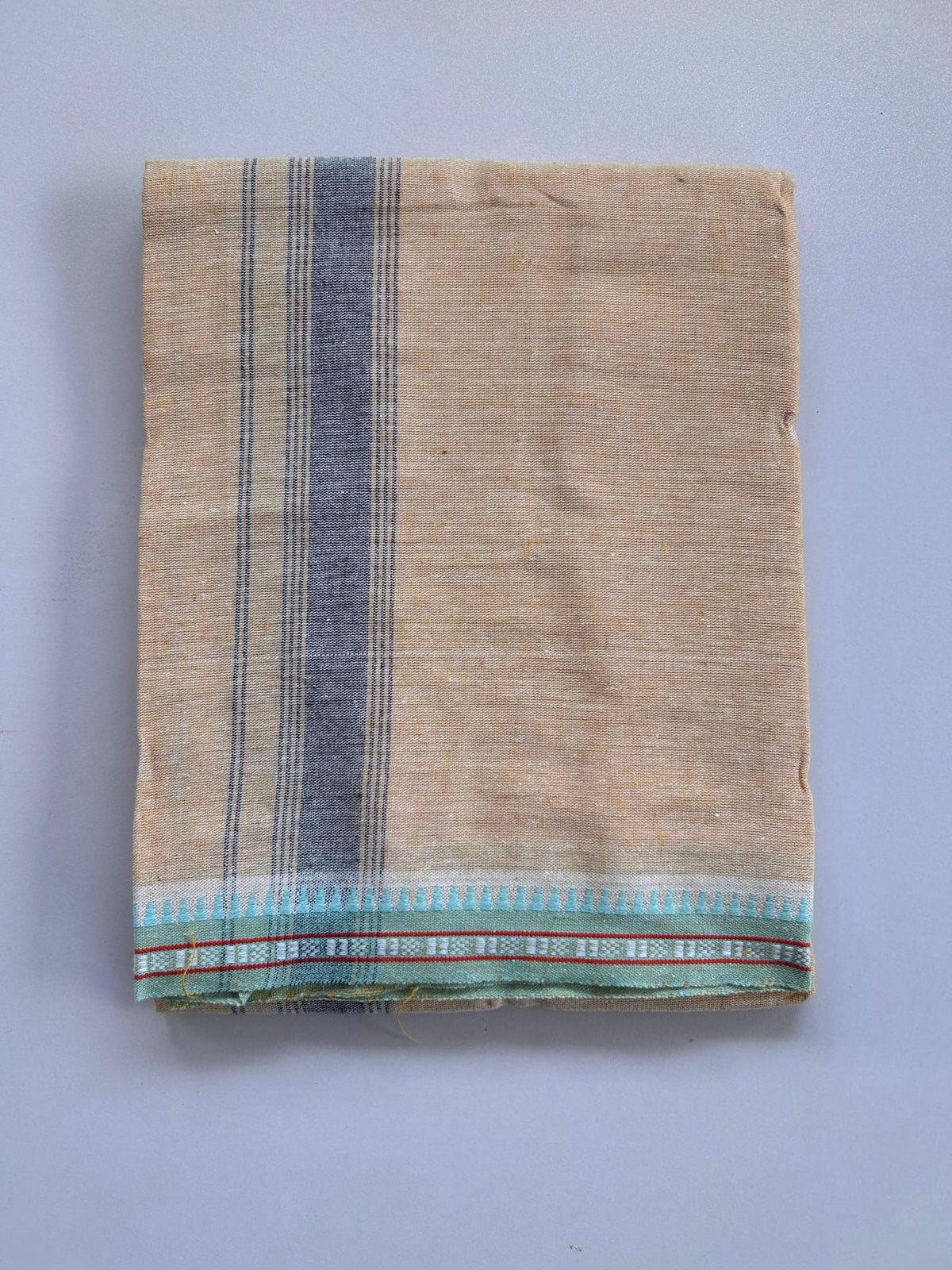 Kaitharikada - Single Kaily / Lungi - Mixed Cotton - (2/40s) twisted - 1.25 inch Navy Blue Striped kara Cyan Kuppadam Border with Yellow & White Body (2 meter / 4 muzham) - 47 KK8088 SAT