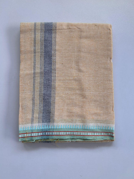 Kaitharikada - Single Kaily / Lungi - Mixed Cotton - (2/40s) twisted - 1.25 inch Navy Blue Striped kara Cyan Kuppadam Border with Yellow & White Body (2 meter / 4 muzham) - 47 KK8088 SAT