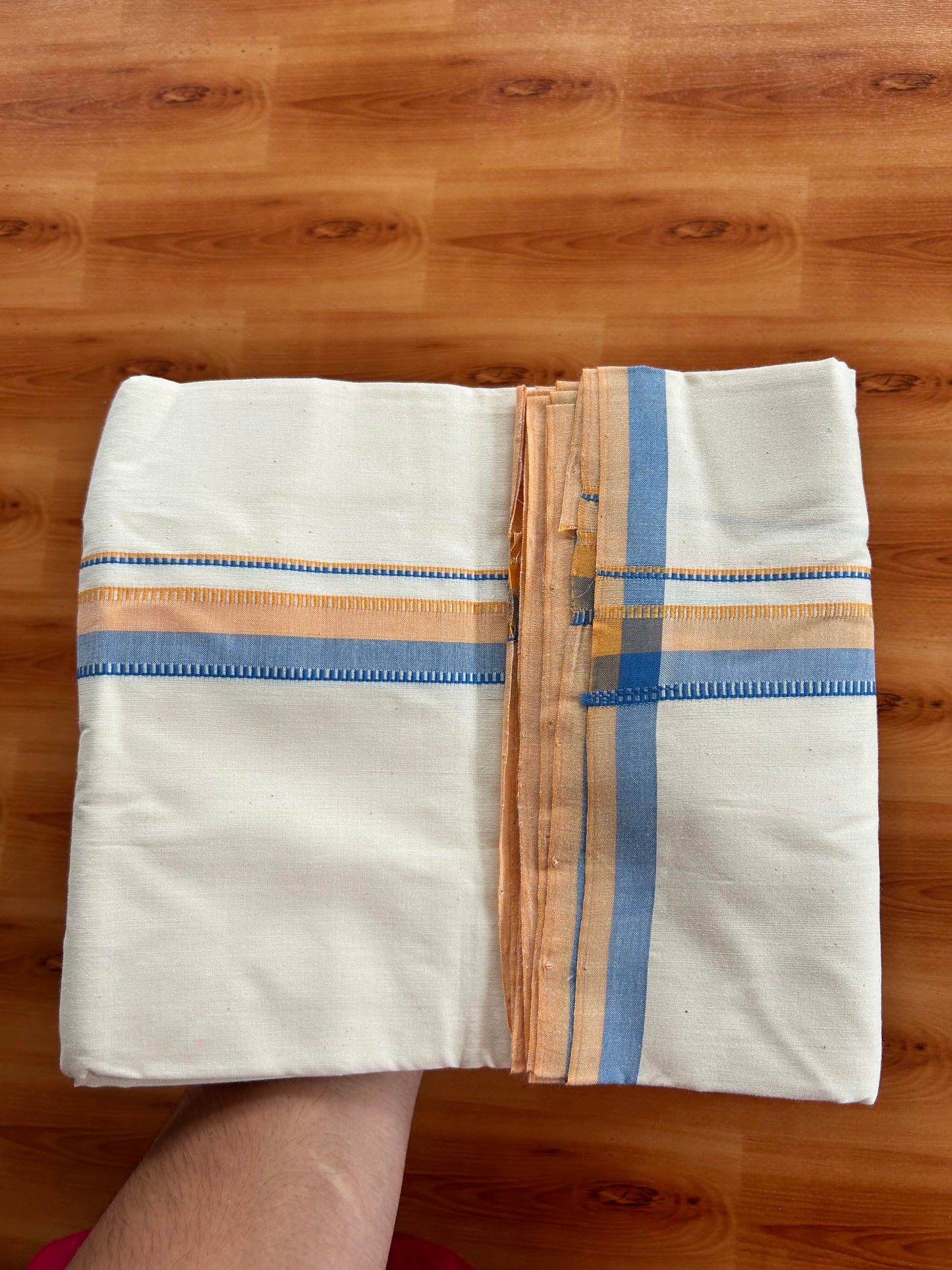 Single Off White - (Unbleached) Mundu/Dhoti - 25%Discount !! Signature Kaitharikada Exclusive Single Dhoti - 100% Cotton - Kerala Handloom - 1.25 inch Silver Kasav Peach Orange & Blue Shaded kara (2 meter / 4 muzham)- 5 KK5410 KAI