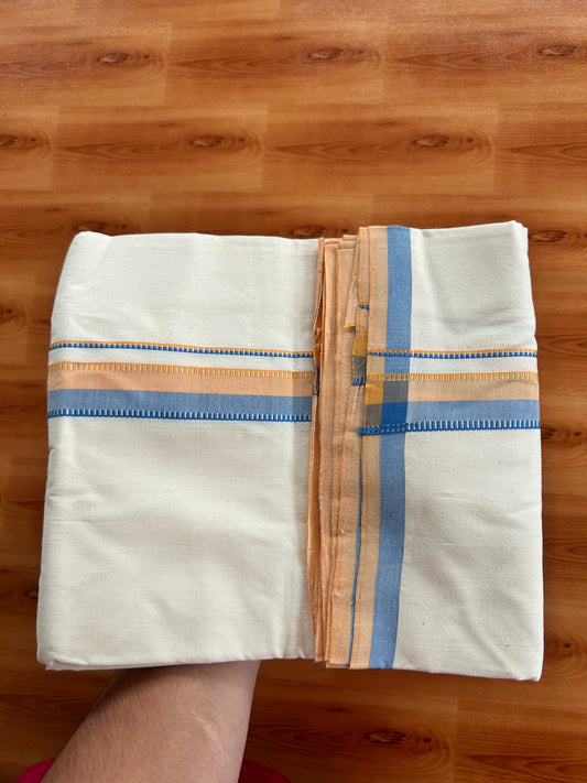 Single Off White - (Unbleached) Mundu/Dhoti - 25%Discount !! Signature Kaitharikada Exclusive Single Dhoti - 100% Cotton - Kerala Handloom - 1.25 inch Silver Kasav Peach Orange & Blue Shaded kara (2 meter / 4 muzham)- 5 KK5410 KAI