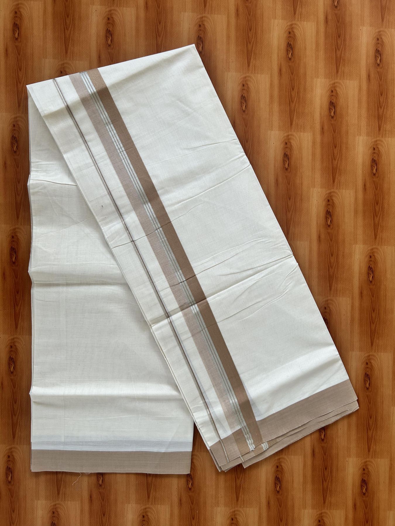 Double Off White (Unbleached) Mundu/Dhoti - 20% Discount! Kaitharikada 100% Pure Cotton - 100x80 - 1.75 inch Silver Kasav & Pastel Brown striped shaded Kara 4 mtr (8.5 muzham) - 23 KK5460 PMC