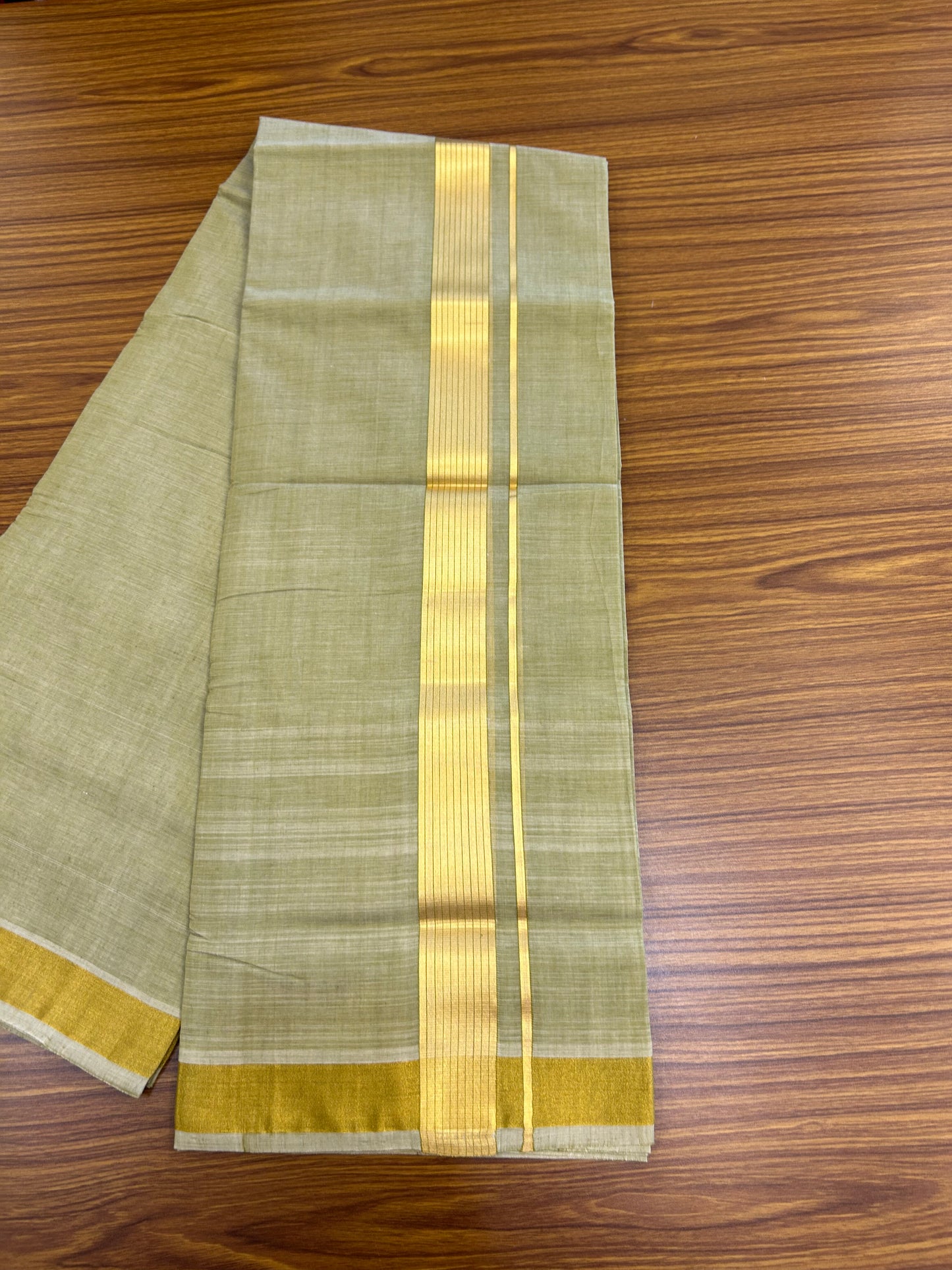 25% Discount! KaithariKada Handloom Unakkupaav - Kerala Handloom - Pure Cotton Double Mundu/Dhoti (Unbleached) - 100x80 - Olive Green Colour Body - 1.5 inch Gold Kasav Striped Kara - 4 Mtr ( 8.5 muzham) - 7 KK5367 ABH