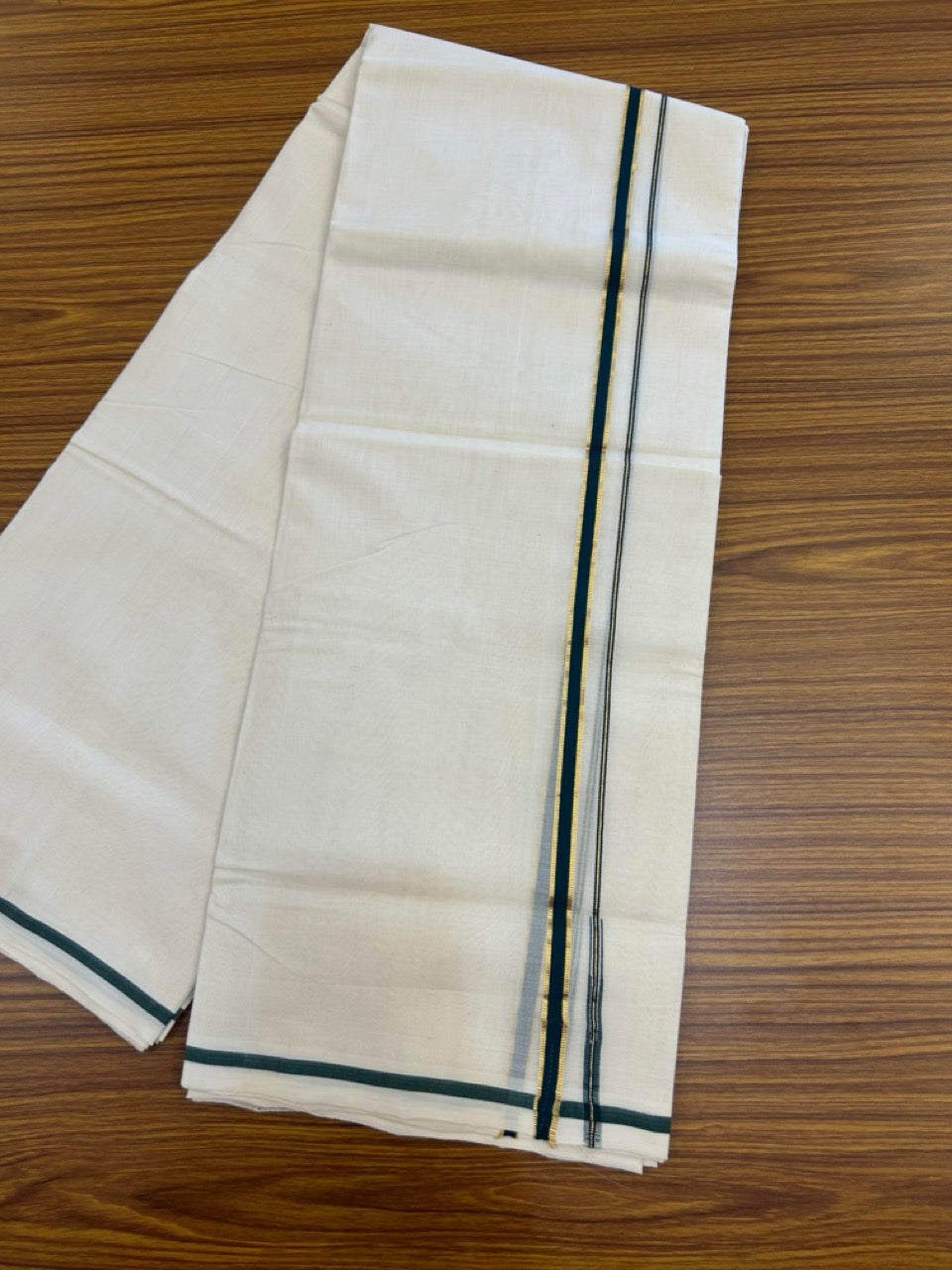 25% DISCOUNT!! KaithariKada HANDLOOM MILPAAV Balaramapuram - 100% PURE Cotton OFF White Double - (Unbleached) Mundu/Dothi - 80x90 - 0.5 Inch Kasavu Dark Green Puliyilakkara chutty - 6 KK5269 RAM