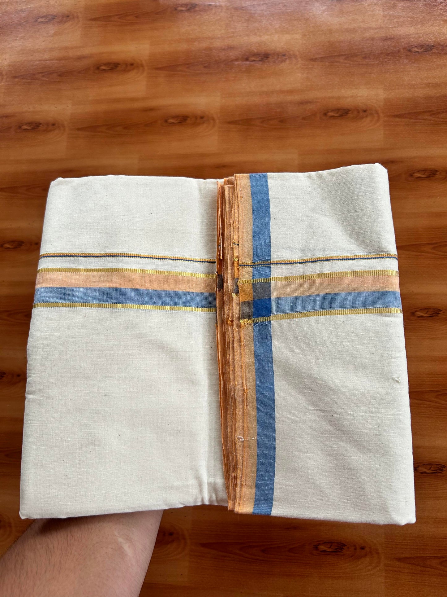 Single Off White - (Unbleached) Mundu/Dhoti - 25%Discount !! Signature Kaitharikada Exclusive Single Dhoti - 100% Cotton - Kerala Handloom - 1 inch Gold Kasav Peach Orange & Blue Shaded kara (2 meter / 4 muzham)- 4 KK5410 KAI