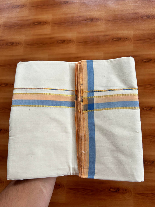 Single Off White - (Unbleached) Mundu/Dhoti - 25%Discount !! Signature Kaitharikada Exclusive Single Dhoti - 100% Cotton - Kerala Handloom - 1 inch Gold Kasav Peach Orange & Blue Shaded kara (2 meter / 4 muzham)- 4 KK5410 KAI