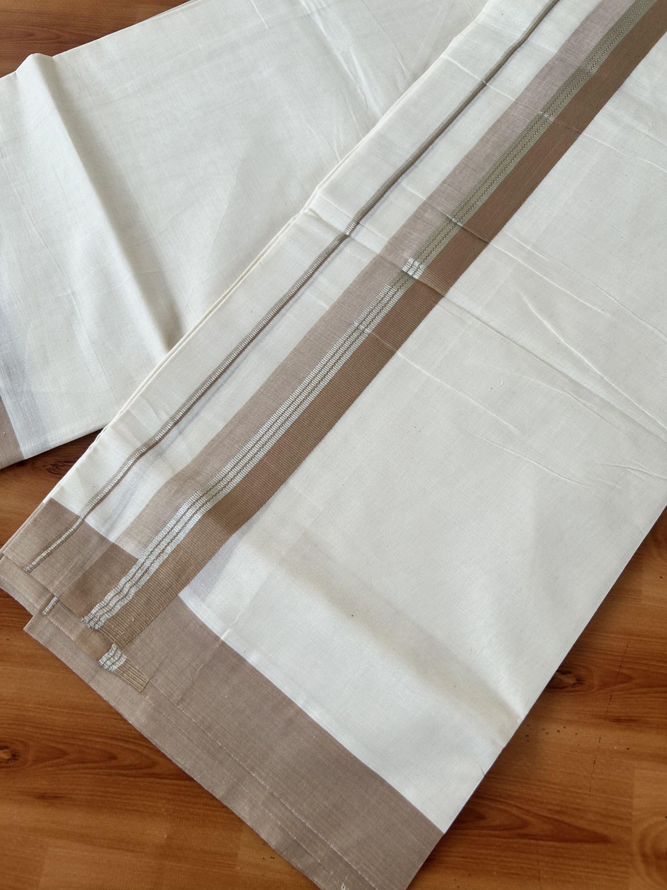 Double Off White (Unbleached) Mundu/Dhoti - 20% Discount! Kaitharikada 100% Pure Cotton - 100x80 - 1.75 inch Silver Kasav & Pastel Brown striped shaded Kara 4 mtr (8.5 muzham) - 23 KK5460 PMC