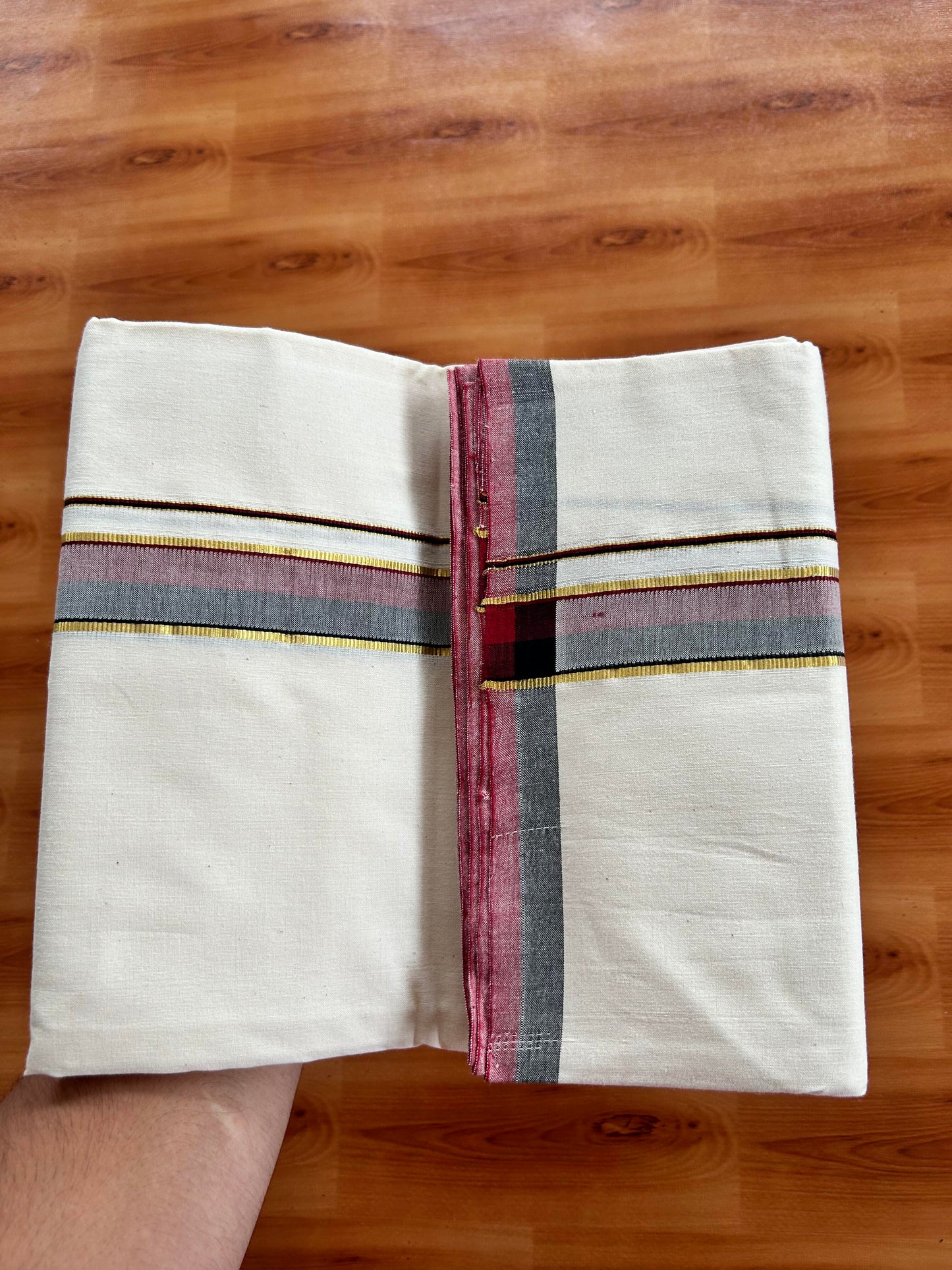 Dmk Veshti - 25%Discount !! Signature Kaitharikada Exclusive Single Dhoti - 100% Cotton - Kerala Handloom Single Mundu/Dhoti - Off White - (Unbleached) 1.25 inch Gold Kasav Black & Maroon Shaded kara (2 meter / 4 muzham)- 3 KK5410 KAI