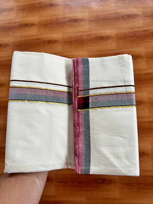 Dmk Veshti - 25%Discount !! Signature Kaitharikada Exclusive Single Dhoti - 100% Cotton - Kerala Handloom Single Mundu/Dhoti - Off White - (Unbleached) 1.25 inch Gold Kasav Black & Maroon Shaded kara (2 meter / 4 muzham)- 3 KK5410 KAI