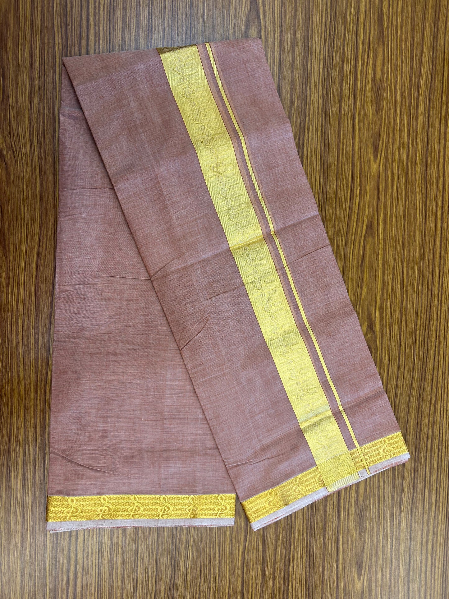 25% Discount! KaithariKada Handloom Unakkupaav - Kerala Handloom - Pure Cotton Double Mundu/Dhoti (Unbleached) - 100x80 - light brick orange shaded Colour Body - 2 inch Gold Kasav Jacquard Design Kara - 8 KK5367 ABH