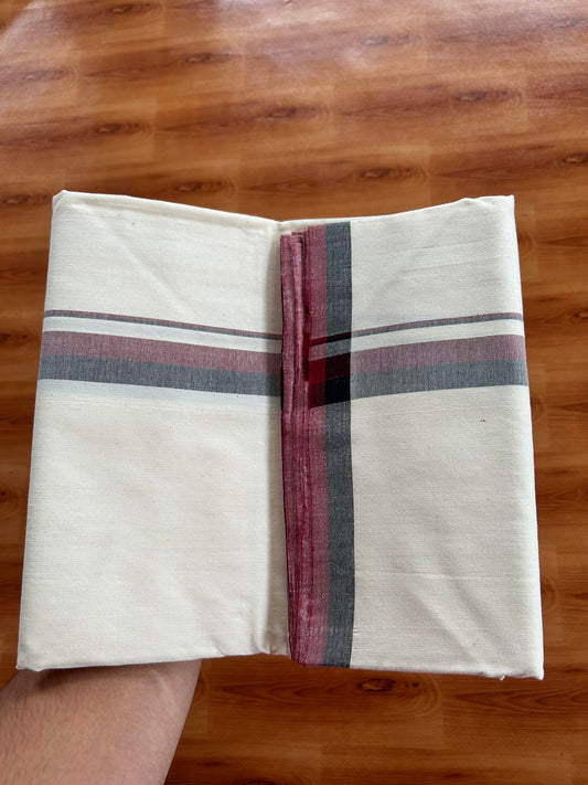 Dmk Veshti - 25%Discount !! Signature Kaitharikada Exclusive Single Dhoti - 100% Cotton - Kerala Handloom Single Mundu/Dhoti - Off White - (Unbleached) 1 inch Black & Maroon Shaded kara (2 meter / 4 muzham)- 2 KK5410 KAI