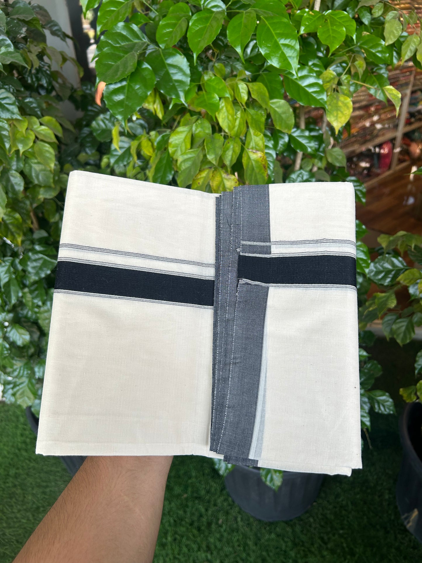 20% Discount KaithariKada Balaramapuram 100% Cotton Double Off white - (Unbleached) - Mundu/Dhoti - 100x80 - 1.25 inch Black Striped Kara - 3.80 mtr (8 Muzham) - 1 KK5347 ASH