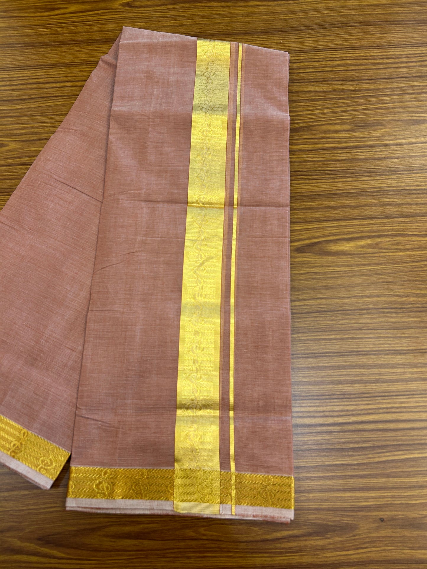 25% Discount! KaithariKada Handloom Unakkupaav - Kerala Handloom - Pure Cotton Double Mundu/Dhoti (Unbleached) - 100x80 - light brick orange shaded Colour Body - 2 inch Gold Kasav Jacquard Design Kara - 8 KK5367 ABH