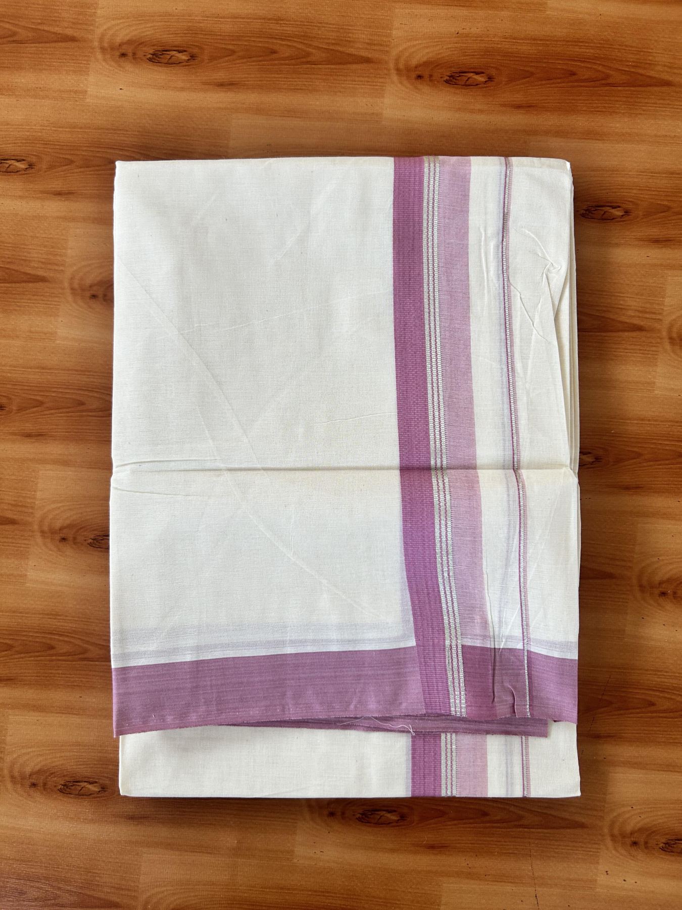 Double Off White (Unbleached) Mundu/Dhoti - 20% Discount! Kaitharikada 100% Pure Cotton - 100x80 - 1.75 inch Silver Kasav & Dusty pink striped shaded Kara 4 mtr (8.5 muzham) - 19 KK5460 PMC