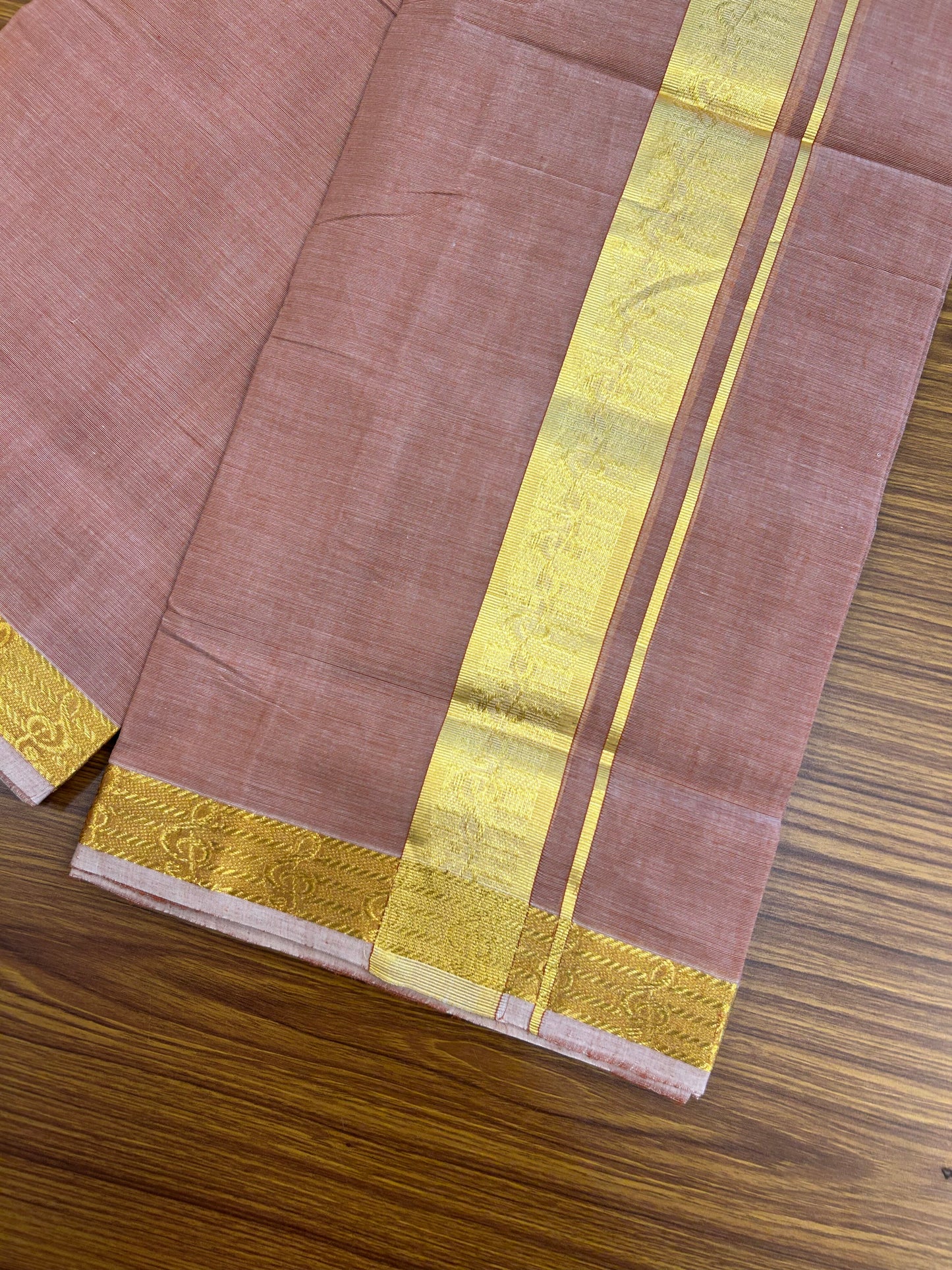 25% Discount! KaithariKada Handloom Unakkupaav - Kerala Handloom - Pure Cotton Double Mundu/Dhoti (Unbleached) - 100x80 - light brick orange shaded Colour Body - 2 inch Gold Kasav Jacquard Design Kara - 8 KK5367 ABH