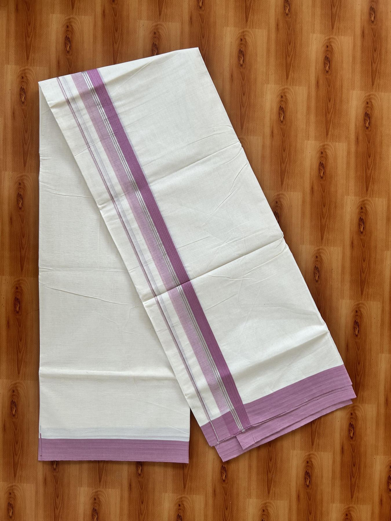 Double Off White (Unbleached) Mundu/Dhoti - 20% Discount! Kaitharikada 100% Pure Cotton - 100x80 - 1.75 inch Silver Kasav & Dusty pink striped shaded Kara 4 mtr (8.5 muzham) - 19 KK5460 PMC