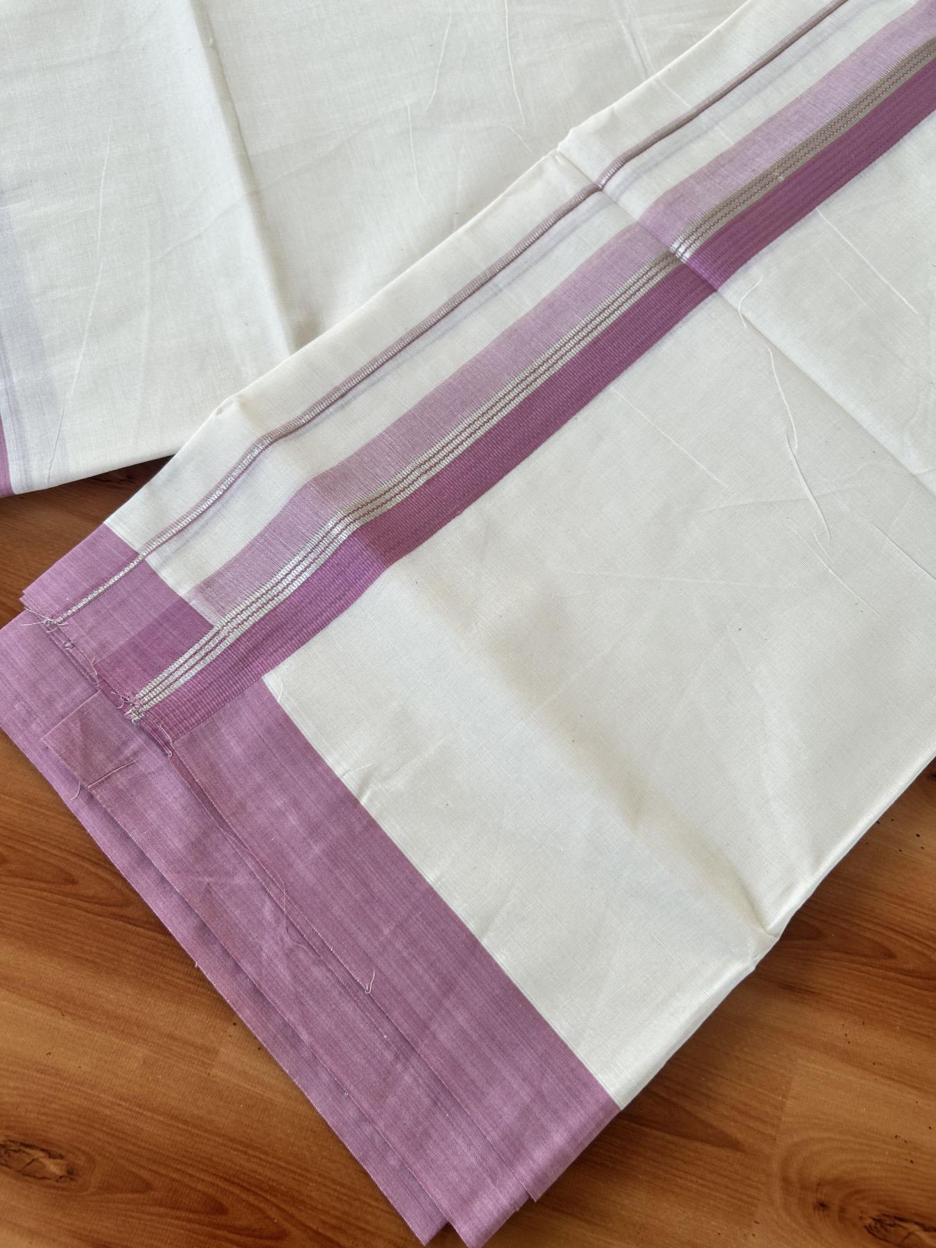 Double Off White (Unbleached) Mundu/Dhoti - 20% Discount! Kaitharikada 100% Pure Cotton - 100x80 - 1.75 inch Silver Kasav & Dusty pink striped shaded Kara 4 mtr (8.5 muzham) - 19 KK5460 PMC