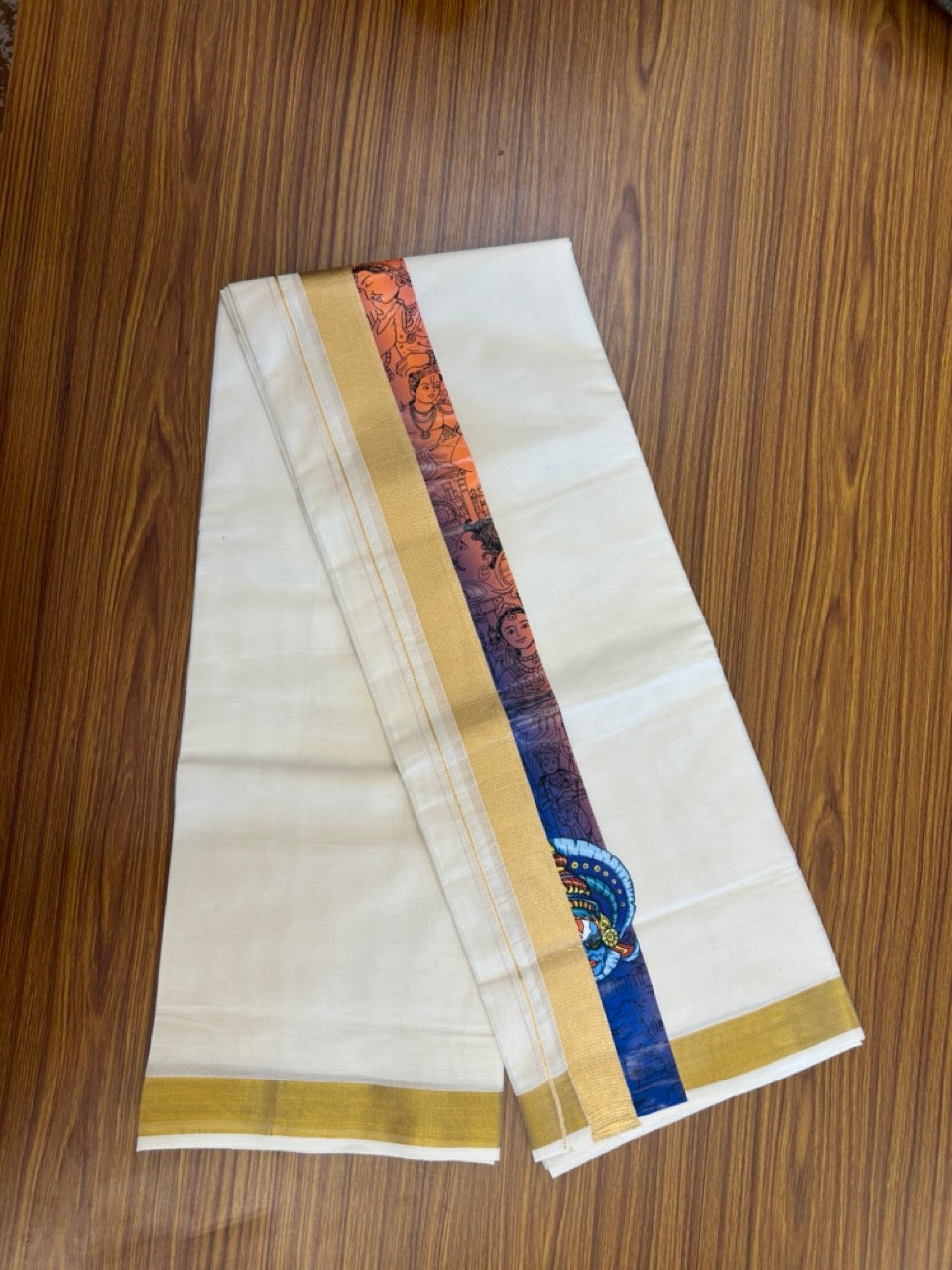 20% Discount! KaithariKada Balaramapuram  off white Double - (Unbleached) Mundu/Dhoti - Mixed Cotton (80x72) - Hand Printed Kathakali, Radha Krishna Gold Kasav Blue & Orange Pattern 2.75 inch Kara - 13 KK5271 PMC