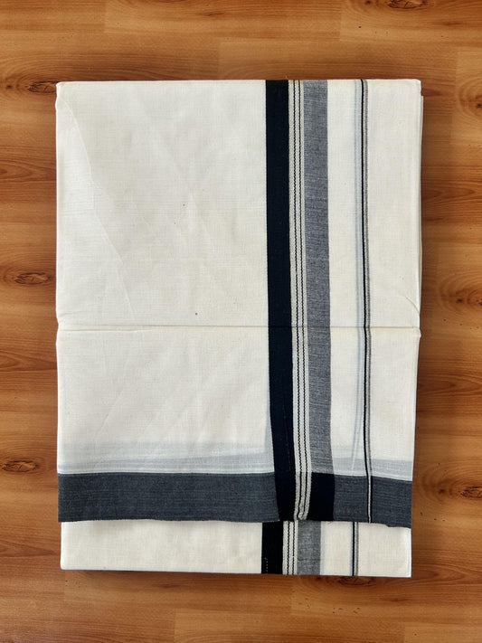Double Off White (Unbleached) Mundu/Dhoti - 20% Discount! Kaitharikada 100% Pure Cotton - 100x80 - 1.5 inch Silver Kasav & Black striped shaded Kara 4 mtr (8.5 muzham) - 15 KK5460 PMC