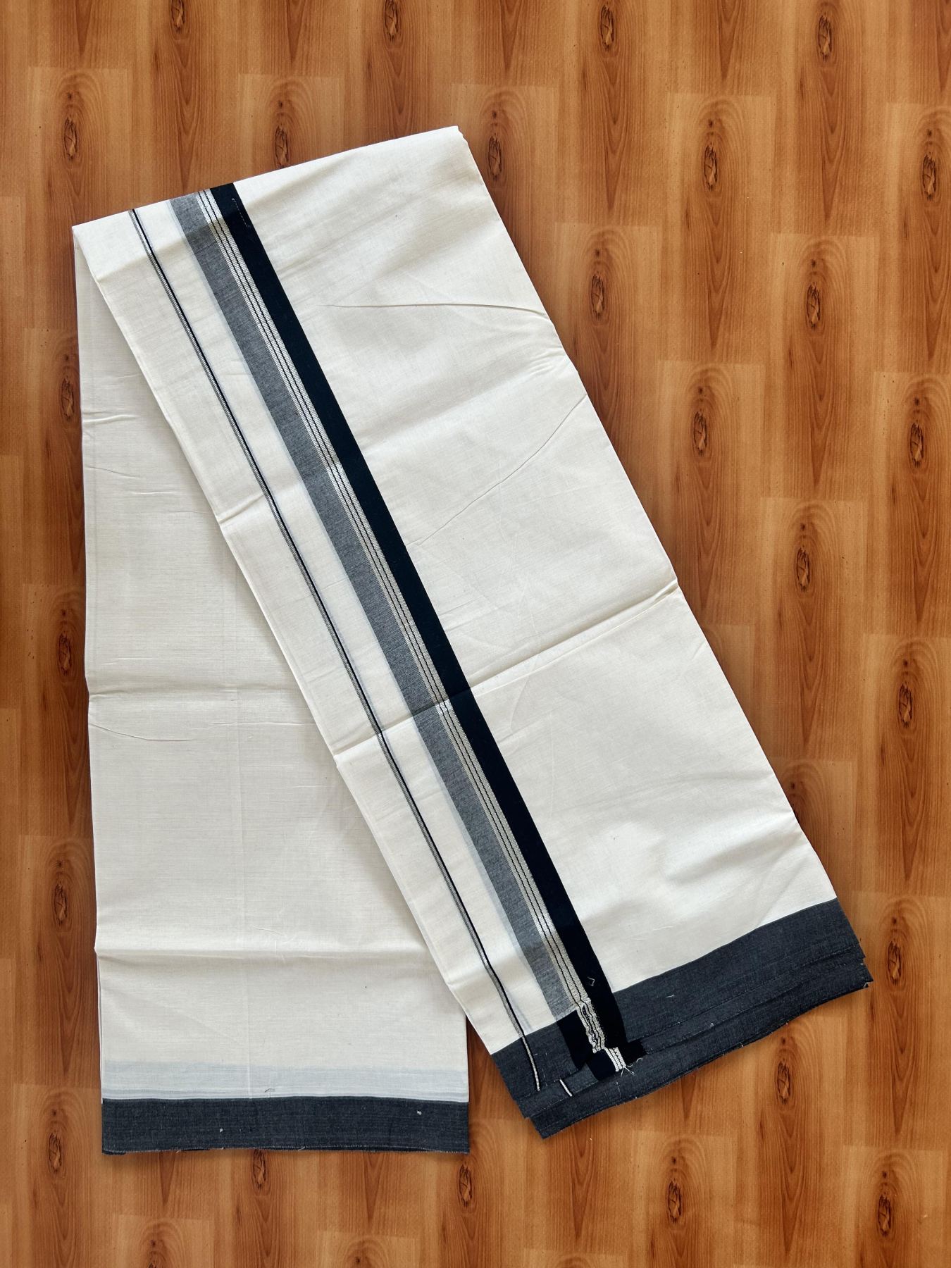Double Off White (Unbleached) Mundu/Dhoti - 20% Discount! Kaitharikada 100% Pure Cotton - 100x80 - 1.5 inch Silver Kasav & Black striped shaded Kara 4 mtr (8.5 muzham) - 15 KK5460 PMC