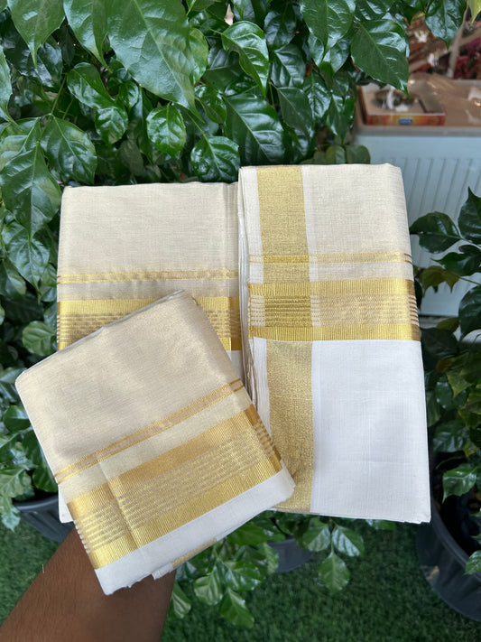 25% Discount ! KaithariKada Handloom Unakkupaav Balaramapuram - 100% Pure Cotton Off White  (Unbleached) Mundu/Dhoti & Neriyath set - 7 Inch Kasav stripes Half tissue Kara - 4 mtr (8.5 Muzham) - 1 KK5367 ABH