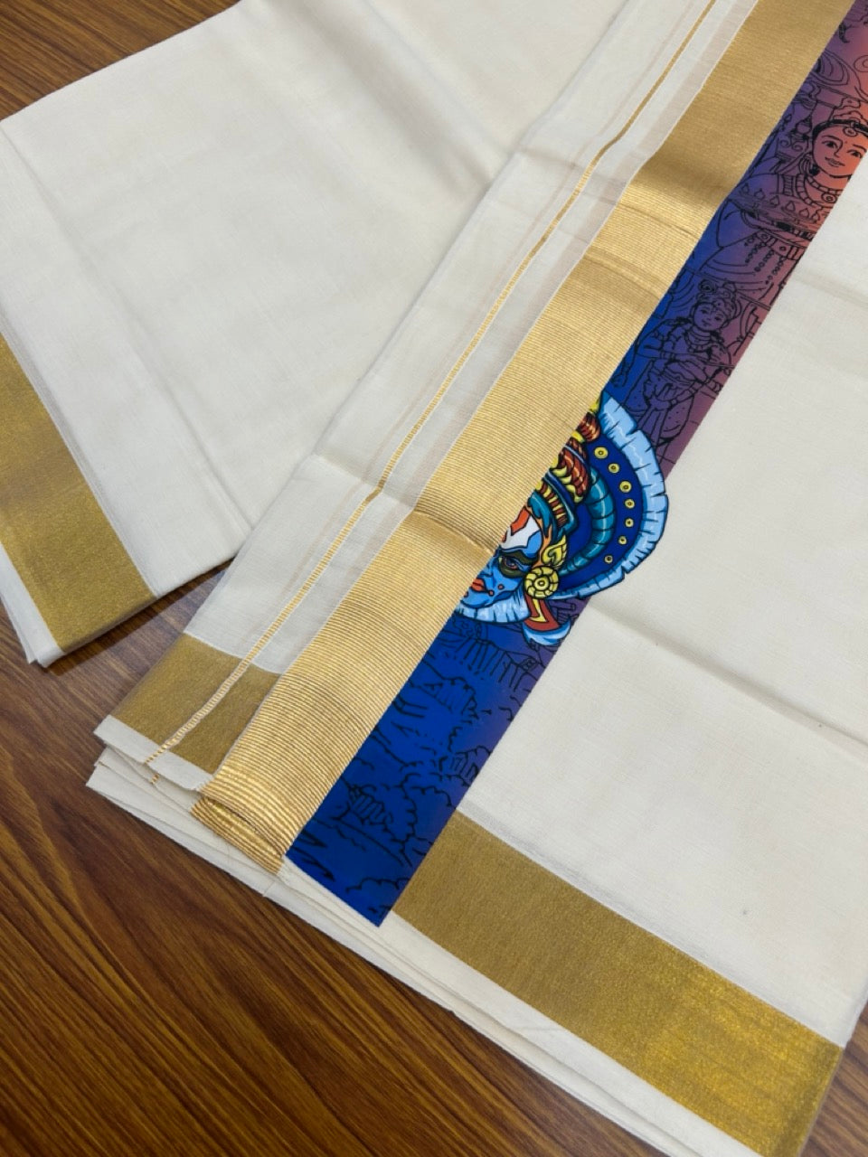 20% Discount! KaithariKada Balaramapuram  off white Double - (Unbleached) Mundu/Dhoti - Mixed Cotton (80x72) - Hand Printed Kathakali, Radha Krishna Gold Kasav Blue & Orange Pattern 2.75 inch Kara - 13 KK5271 PMC