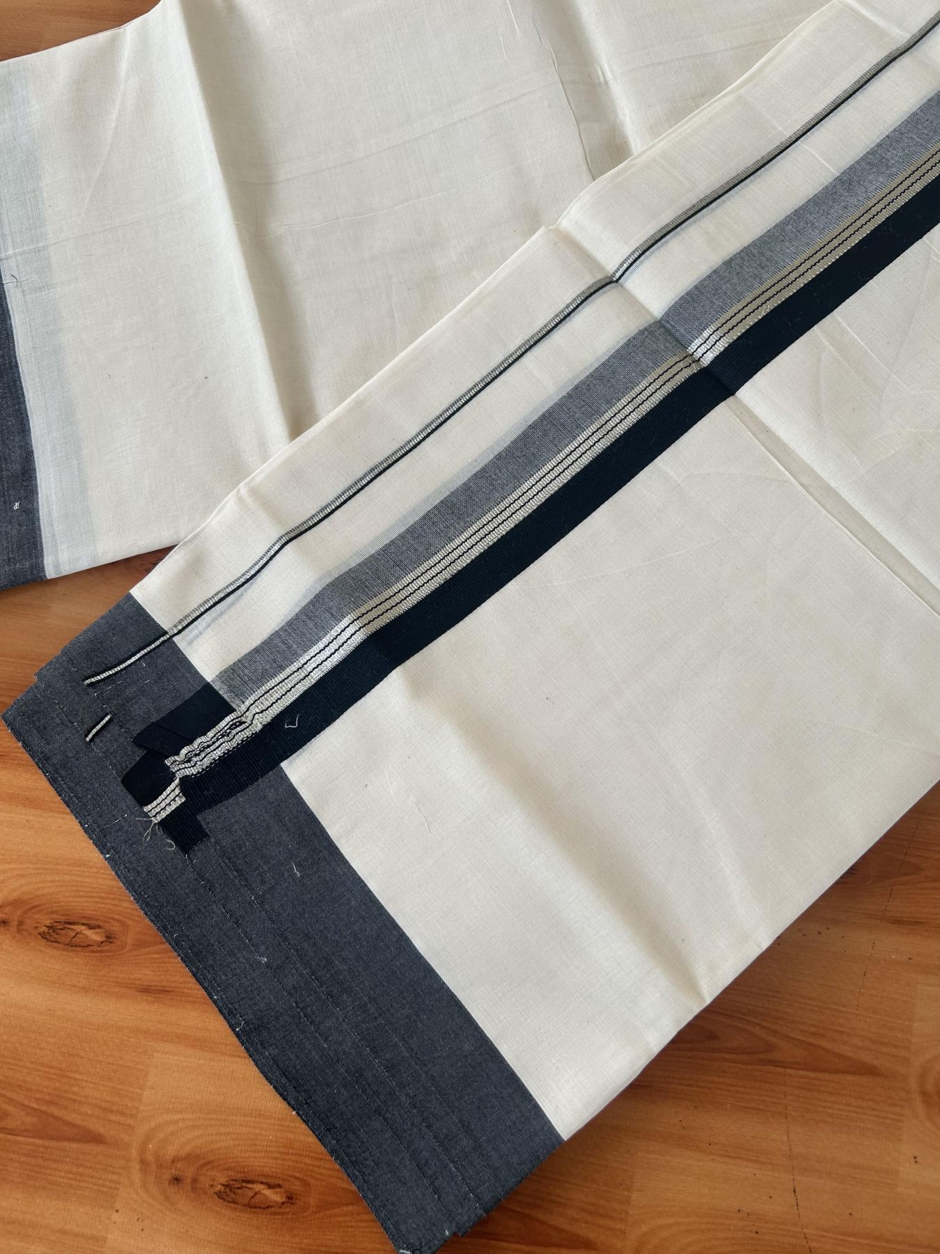 Double Off White (Unbleached) Mundu/Dhoti - 20% Discount! Kaitharikada 100% Pure Cotton - 100x80 - 1.5 inch Silver Kasav & Black striped shaded Kara 4 mtr (8.5 muzham) - 15 KK5460 PMC