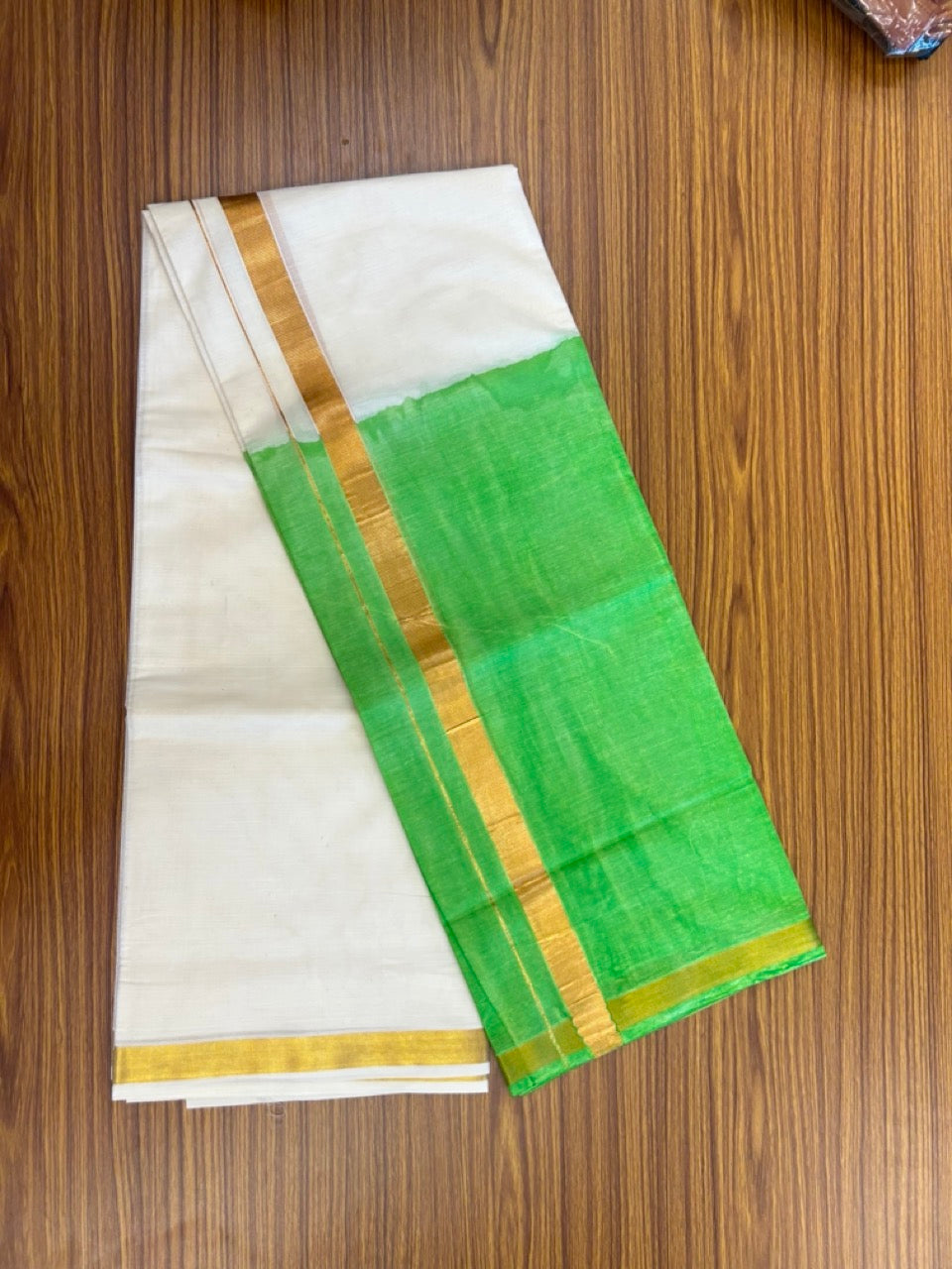 20% Discount !! KaithariKada Balaramapuram Mixed Cotton OFF White (Unbleached) Double Mundu/Dhoti -80x80 Thread Mixed Cotton - 1.75 inch Light Green Dyed Kasav Kara - 7 KK5271 VIN