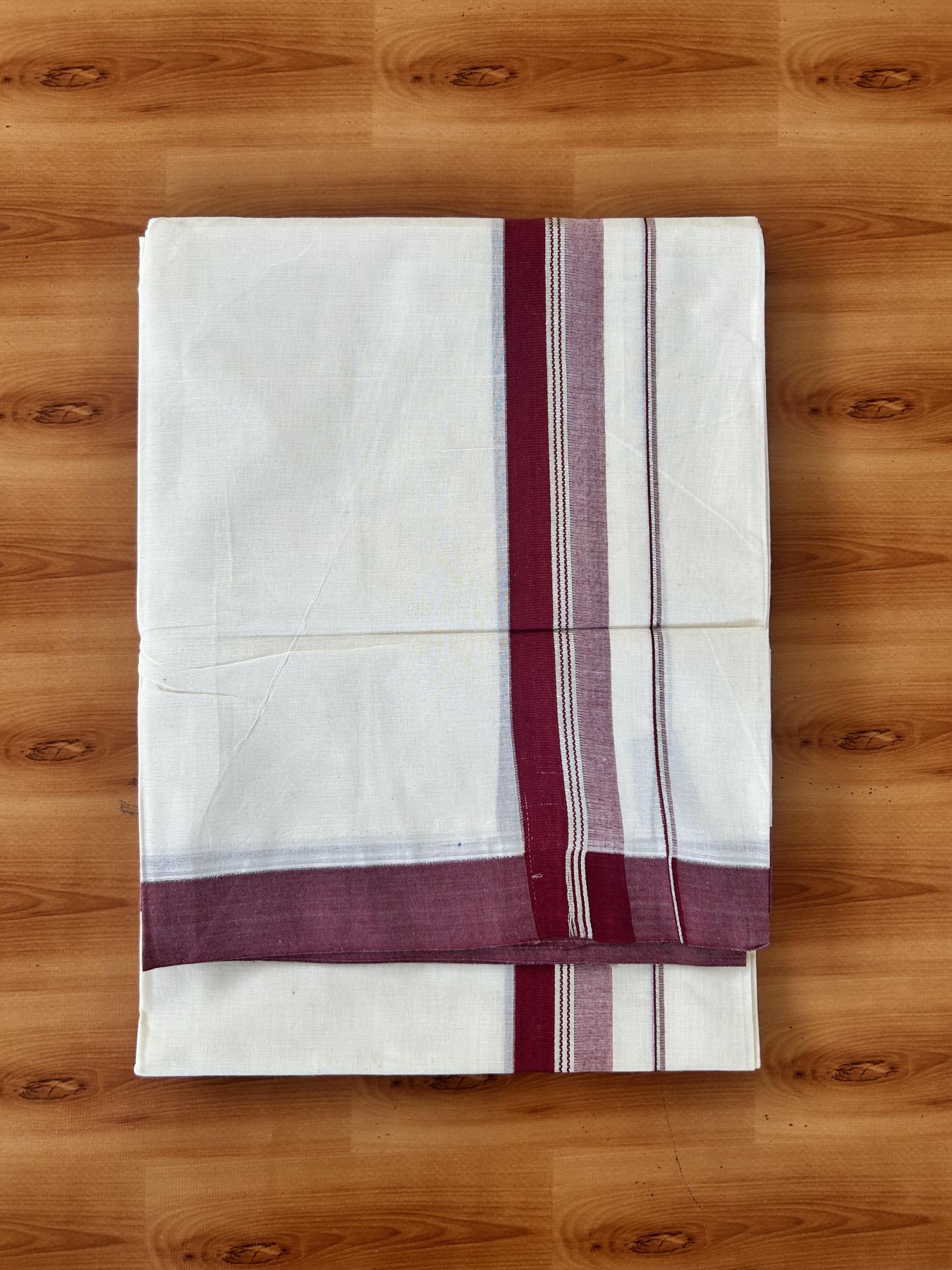 Double Off White (Unbleached) Mundu/Dhoti - 20% Discount! Kaitharikada 100% Pure Cotton - 100x80 - 1.5 inch Silver Kasav & Maroon striped shaded Kara 4 mtr (8.5 muzham) - 16 KK5460 PMC