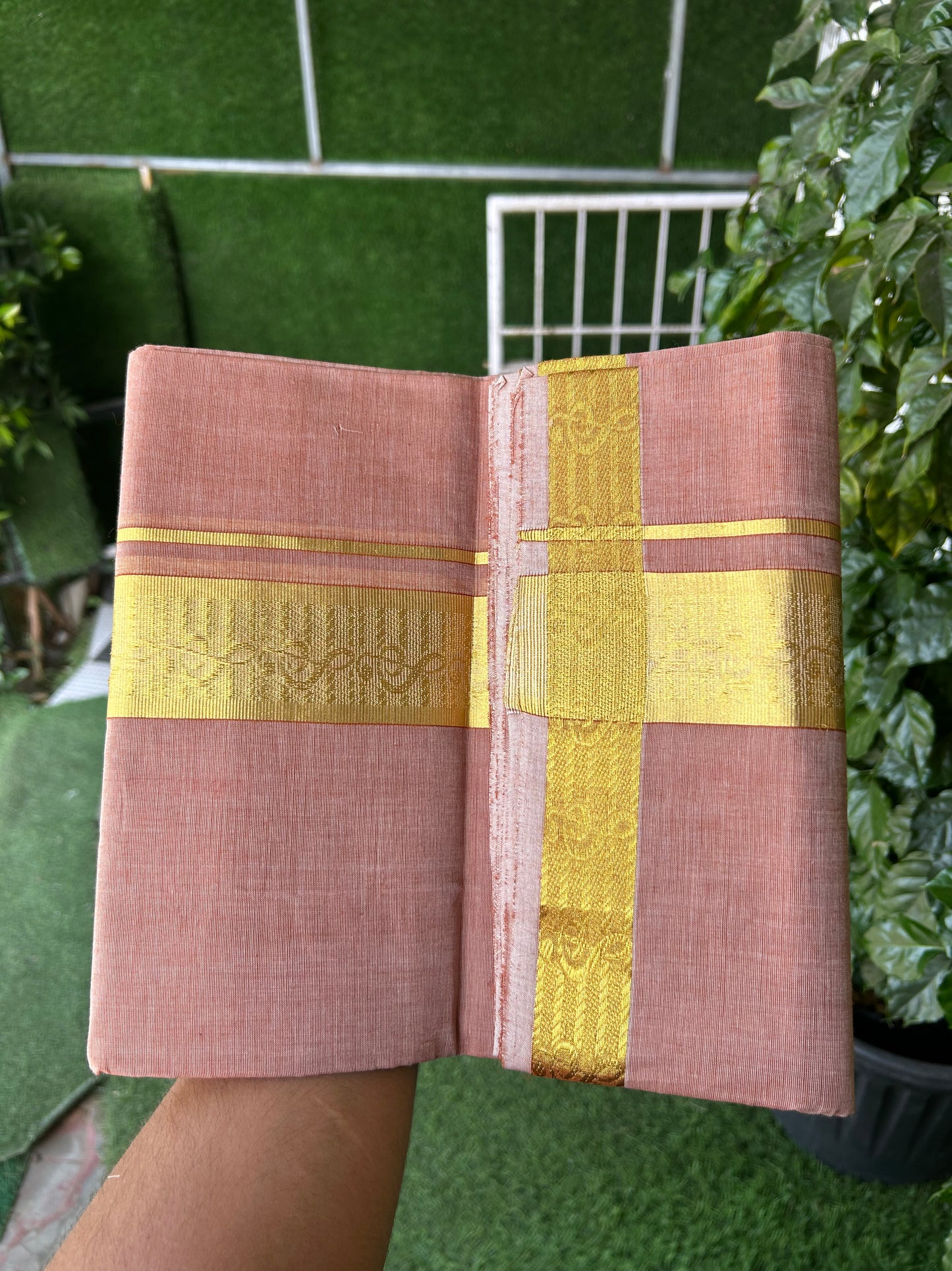 25% Discount! KaithariKada Handloom Unakkupaav - Kerala Handloom - Pure Cotton Double Mundu/Dhoti (Unbleached) - 100x80 - light brick orange shaded Colour Body - 2 inch Gold Kasav Jacquard Design Kara - 8 KK5367 ABH