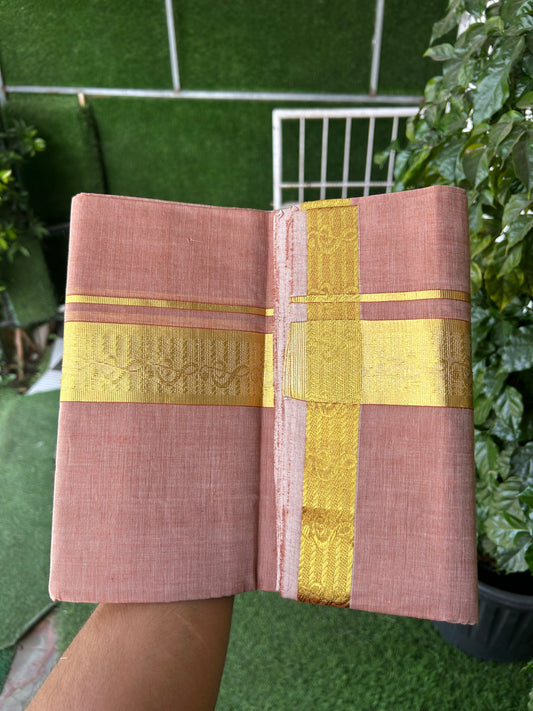 25% Discount! KaithariKada Handloom Unakkupaav - Kerala Handloom - Pure Cotton Double Mundu/Dhoti (Unbleached) - 100x80 - light brick orange shaded Colour Body - 2 inch Gold Kasav Jacquard Design Kara - 8 KK5367 ABH