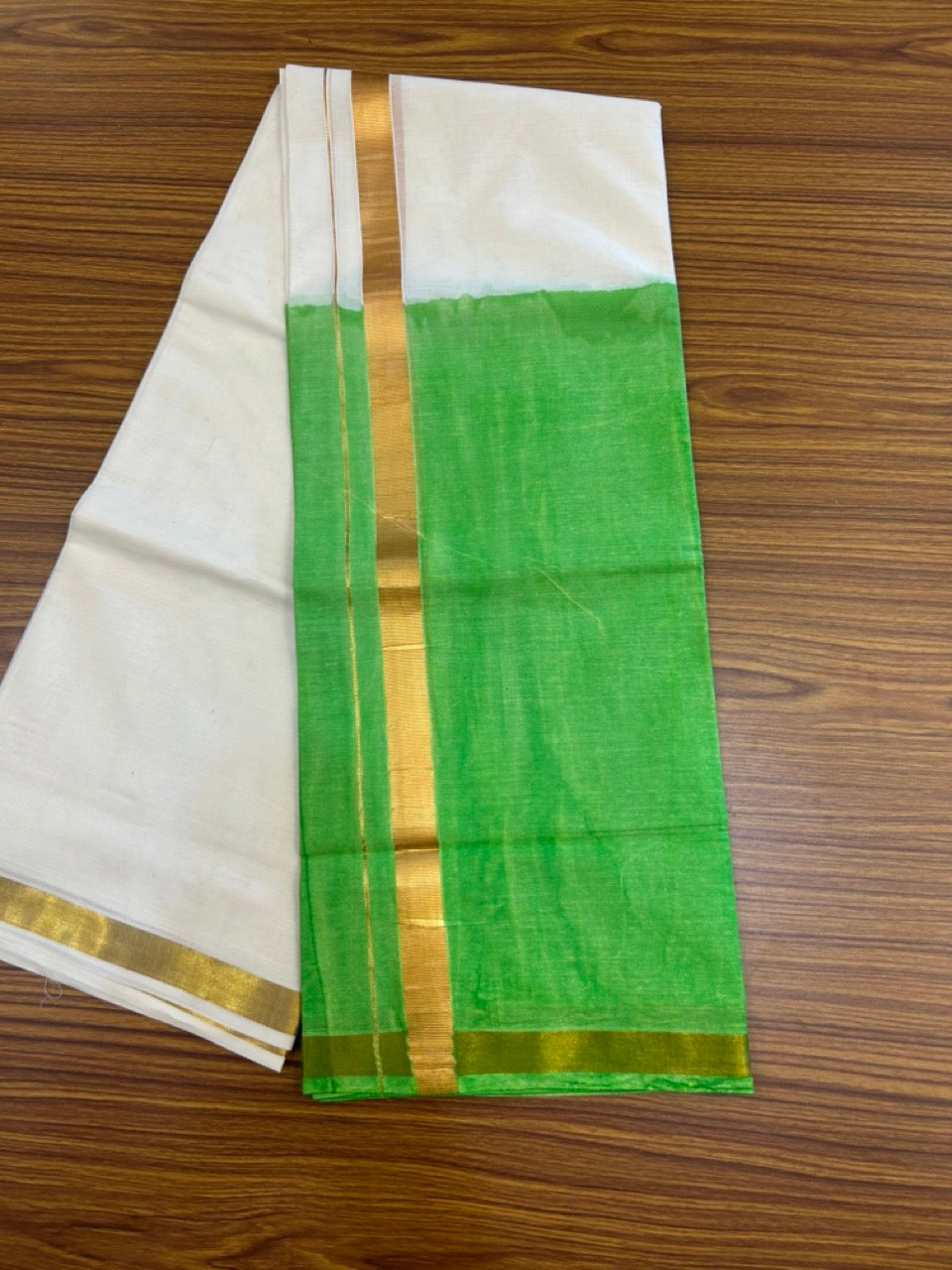 20% Discount !! KaithariKada Balaramapuram Mixed Cotton OFF White (Unbleached) Double Mundu/Dhoti -80x80 Thread Mixed Cotton - 1.75 inch Light Green Dyed Kasav Kara - 7 KK5271 VIN